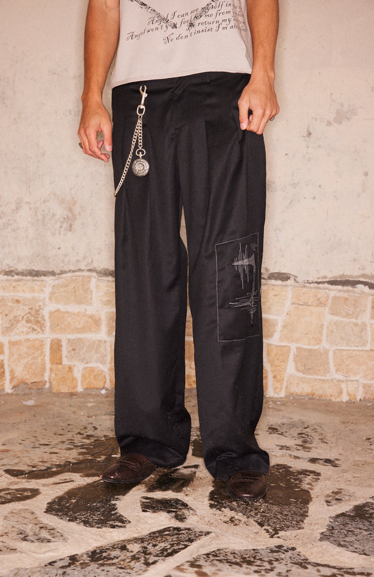 RICHILL Abstract Stitch Patch Wide-Leg Wool Trousers-Pants-S-Free Shipping Leatheretro