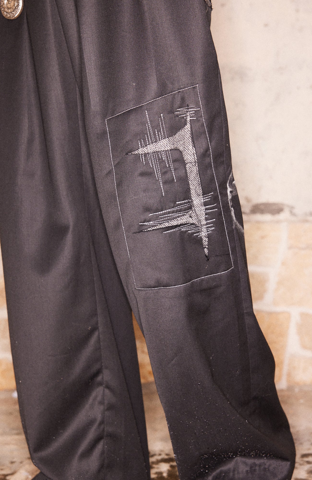 RICHILL Abstract Stitch Patch Wide-Leg Wool Trousers-Pants-S-Free Shipping Leatheretro