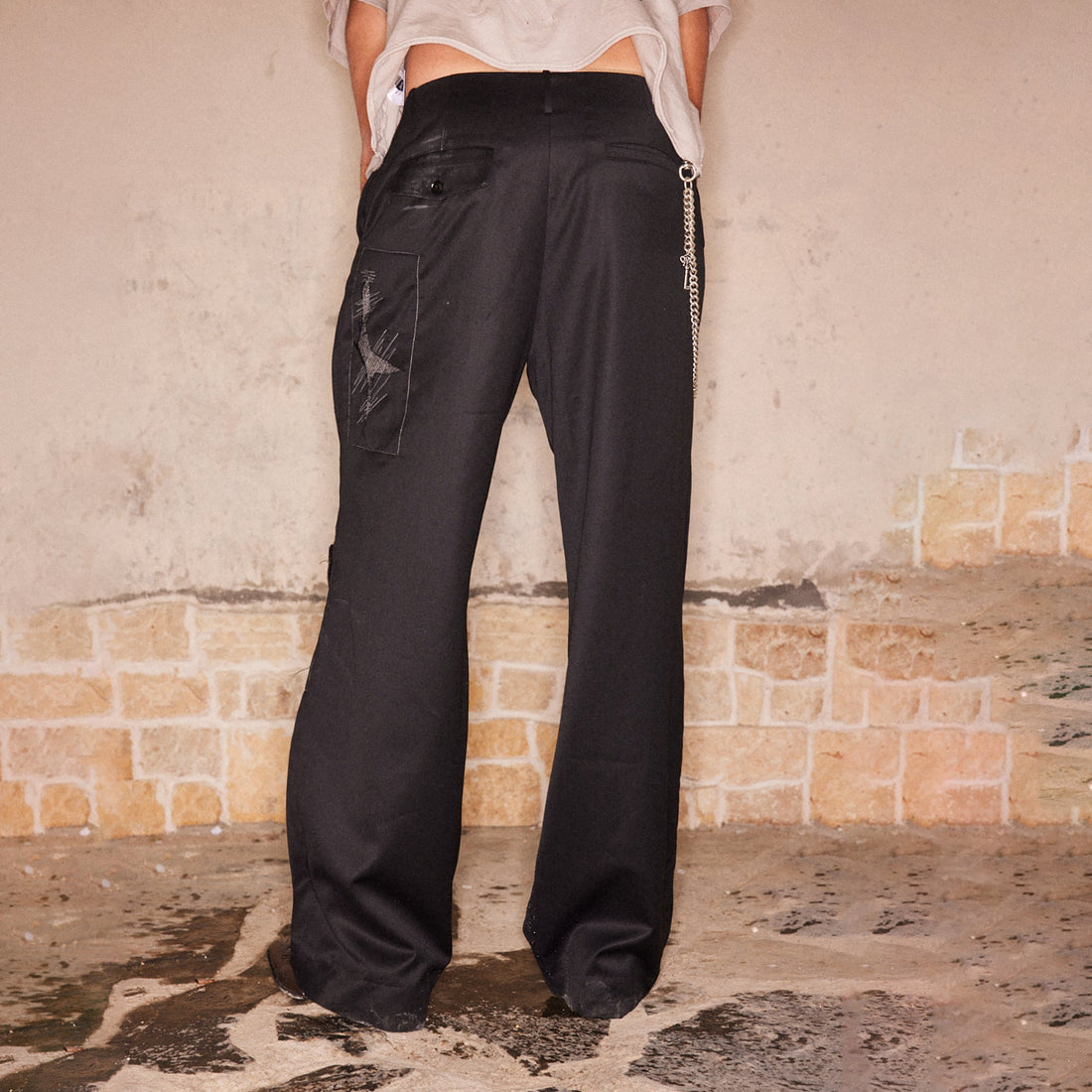 RICHILL Abstract Stitch Patch Wide-Leg Wool Trousers-Pants-S-Free Shipping Leatheretro