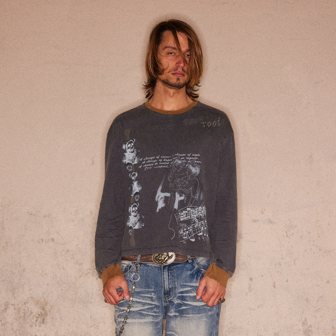 RICHILL Studded Washed Graphic Long-Sleeve Tee-Shirt-S-Free Shipping Leatheretro