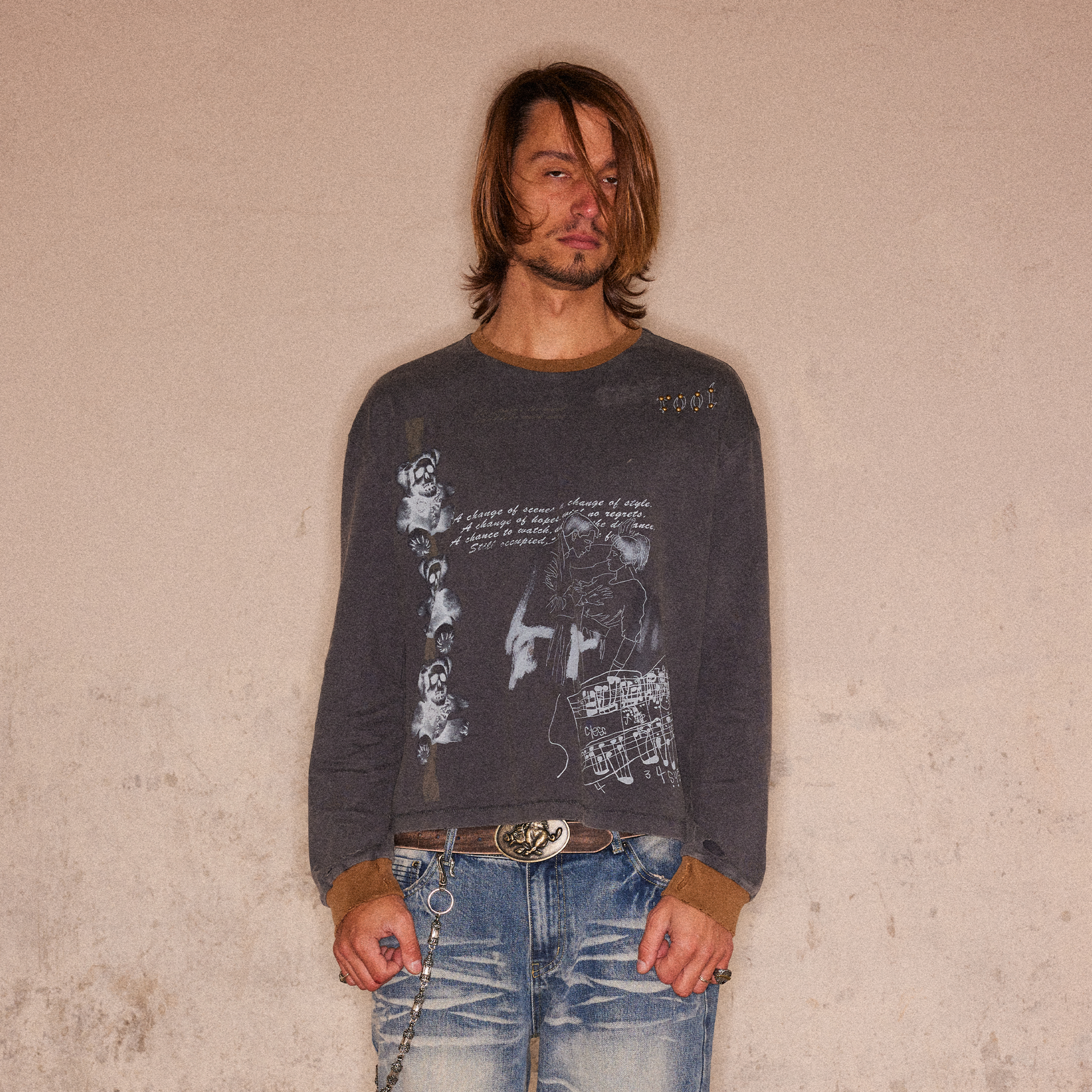RICHILL Studded Washed Graphic Long-Sleeve Tee-Shirt-S-Free Shipping Leatheretro