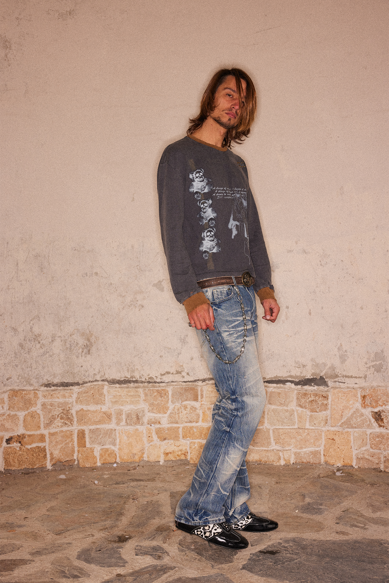 RICHILL Studded Washed Graphic Long-Sleeve Tee-Shirt-S-Free Shipping Leatheretro