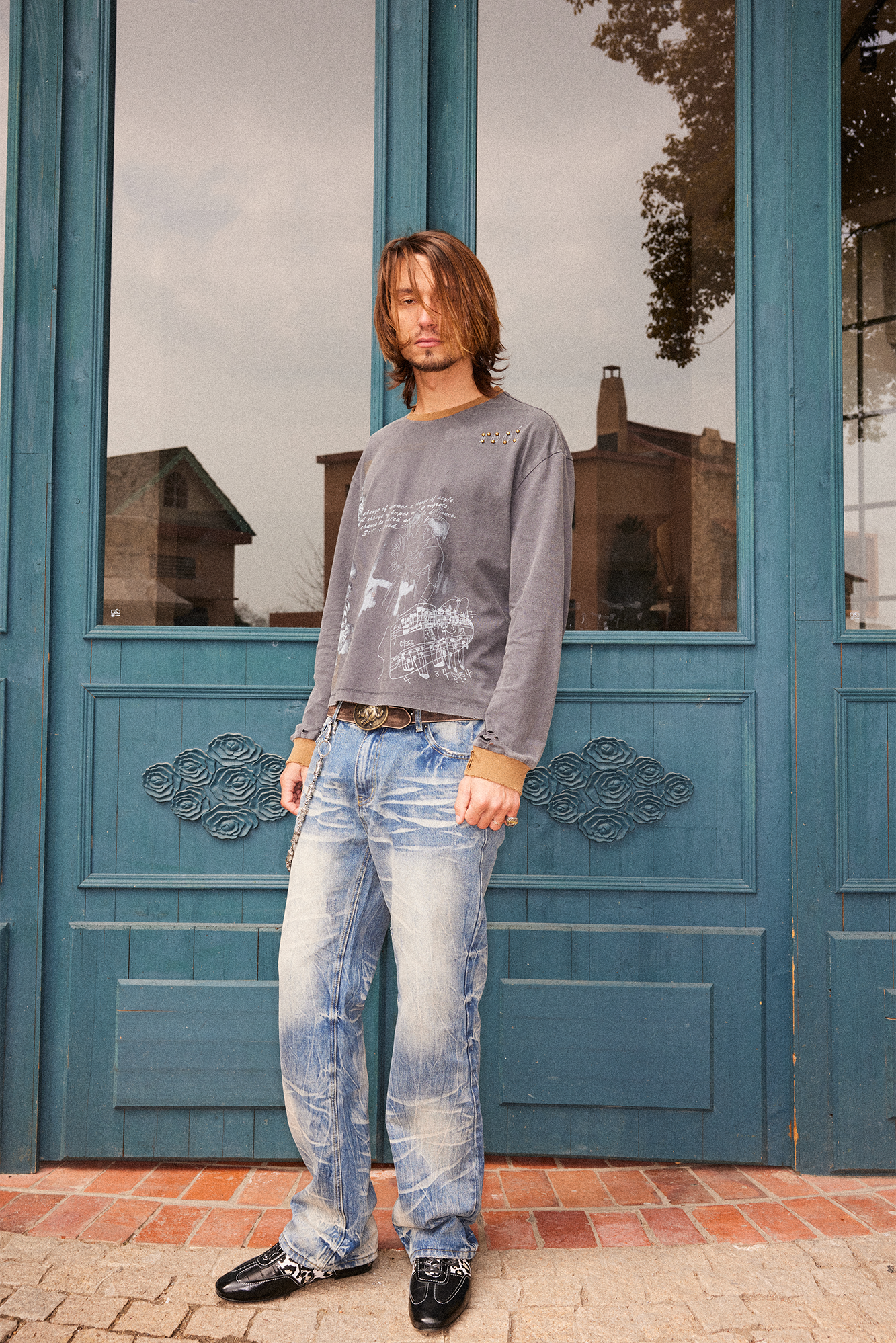 RICHILL Studded Washed Graphic Long-Sleeve Tee-Shirt-S-Free Shipping Leatheretro