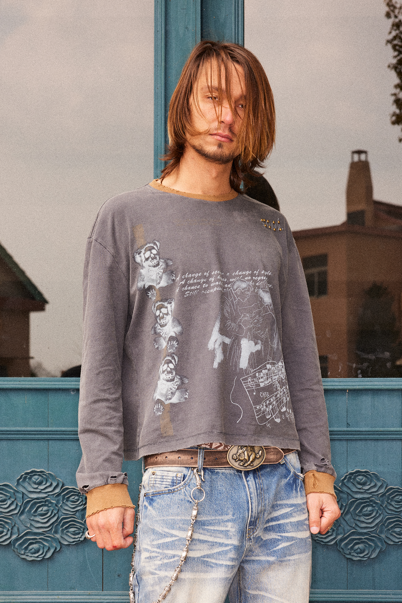 RICHILL Studded Washed Graphic Long-Sleeve Tee-Shirt-S-Free Shipping Leatheretro
