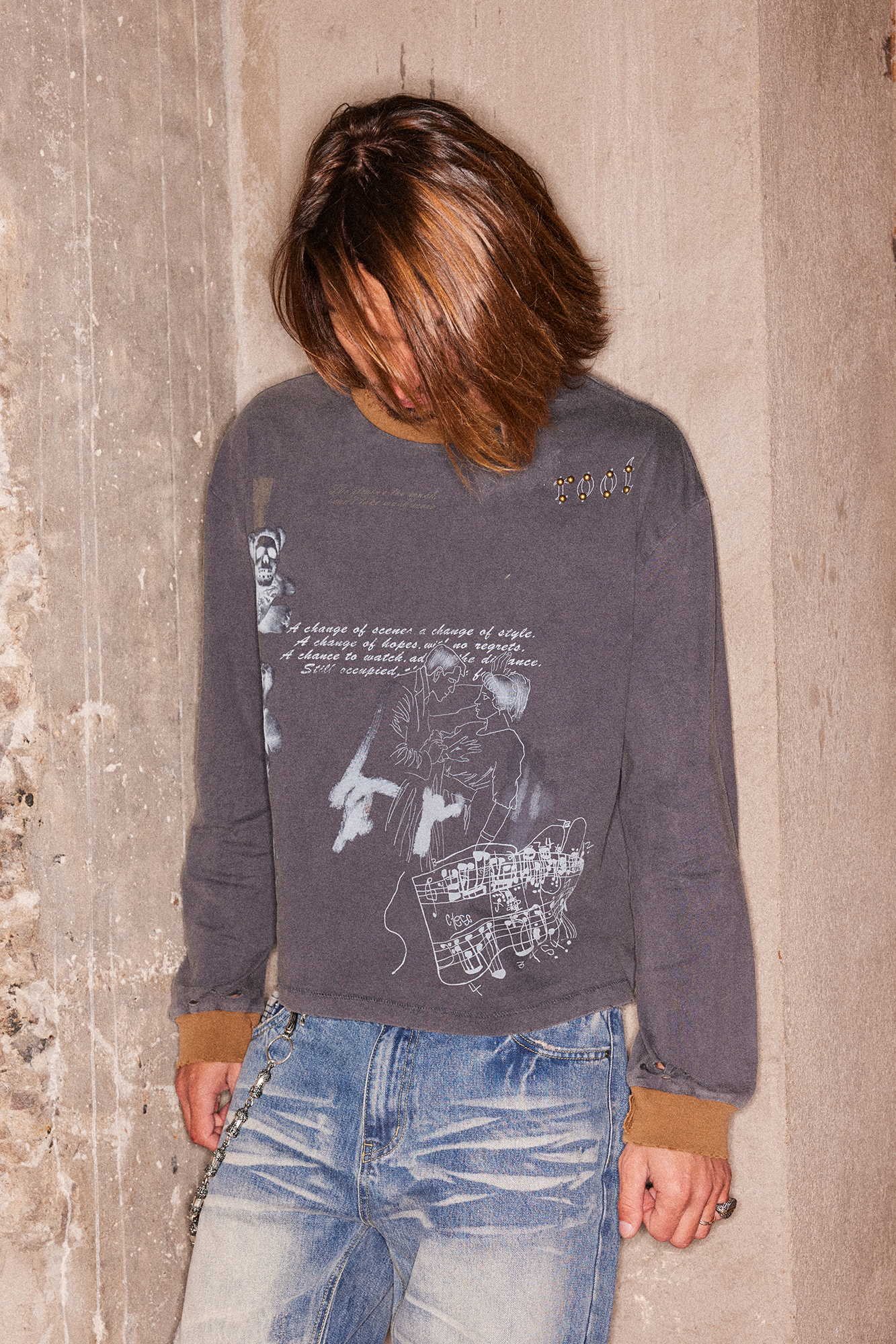 RICHILL Studded Washed Graphic Long-Sleeve Tee-Shirt-S-Free Shipping Leatheretro