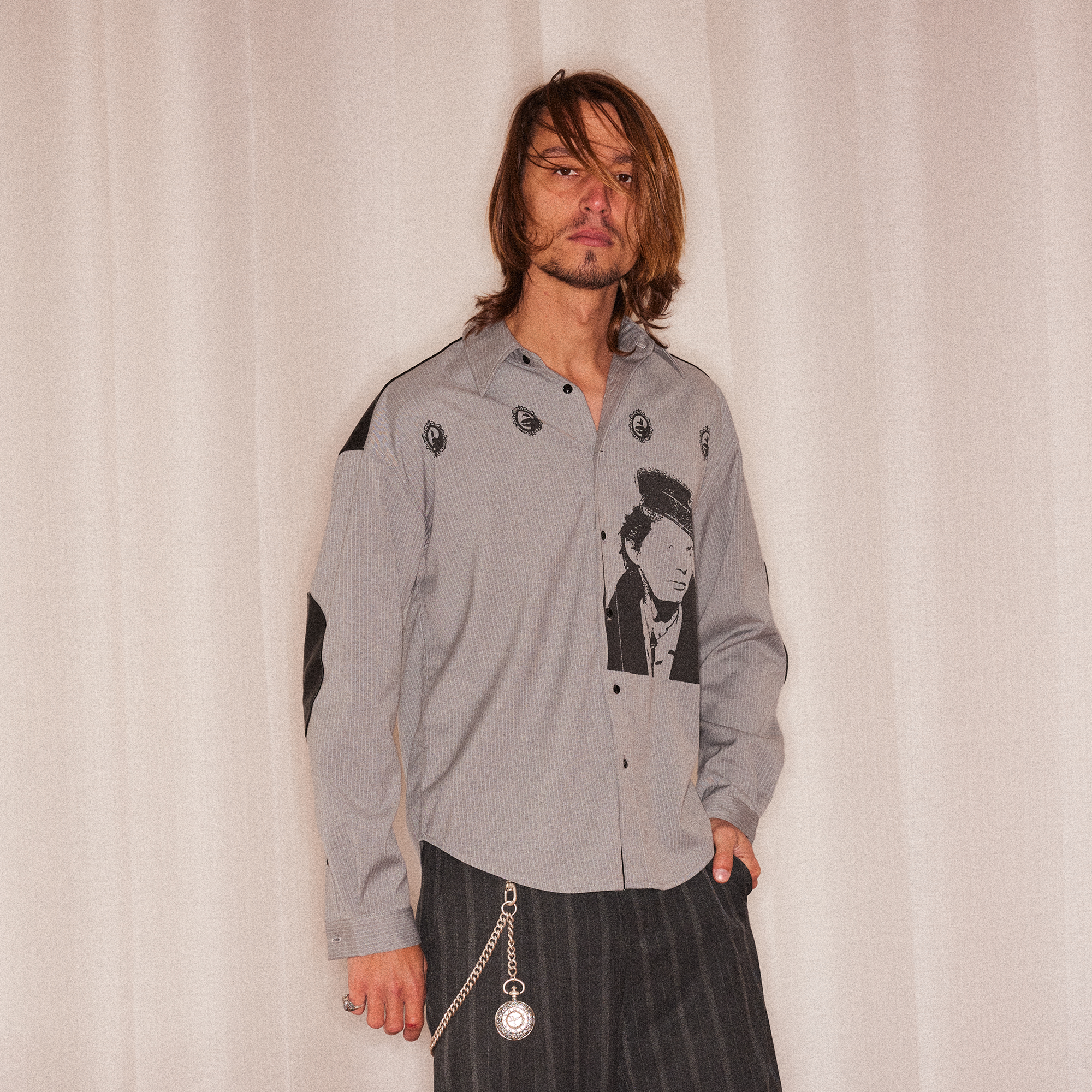 RICHILL Faux Leather Panel Portrait Graphic Stripe Shirt-Shirt-S-Free Shipping Leatheretro