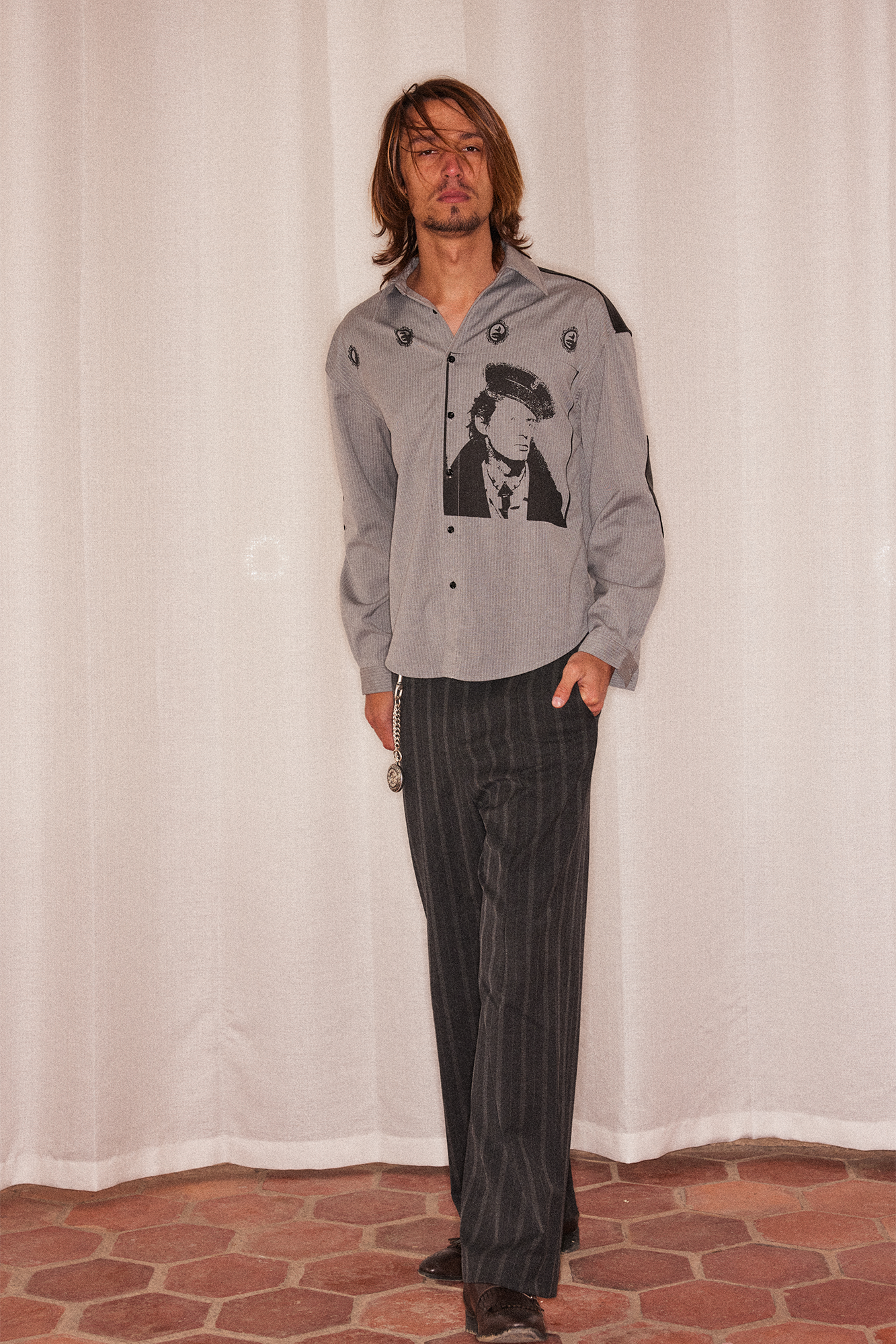 RICHILL Faux Leather Panel Portrait Graphic Stripe Shirt-Shirt-S-Free Shipping Leatheretro