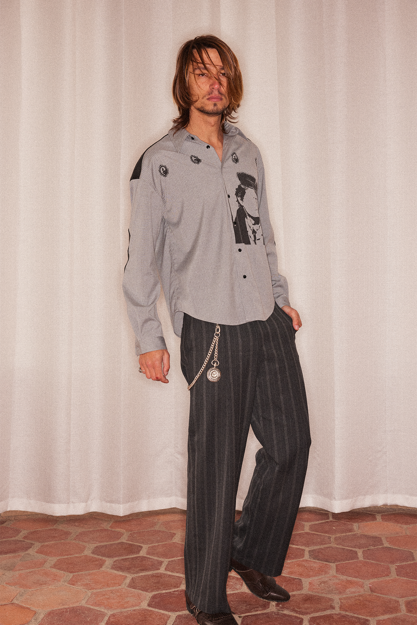 RICHILL Faux Leather Panel Portrait Graphic Stripe Shirt-Shirt-S-Free Shipping Leatheretro