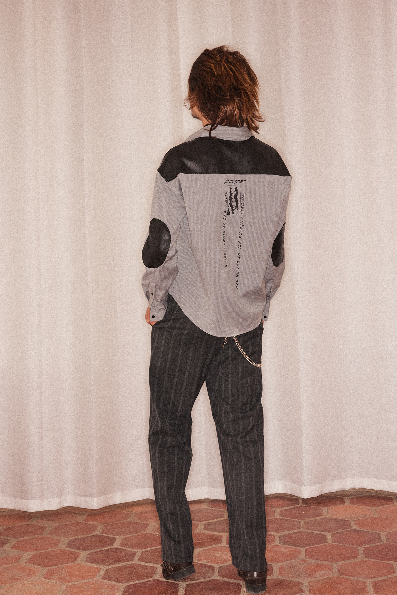 RICHILL Faux Leather Panel Portrait Graphic Stripe Shirt-Shirt-S-Free Shipping Leatheretro