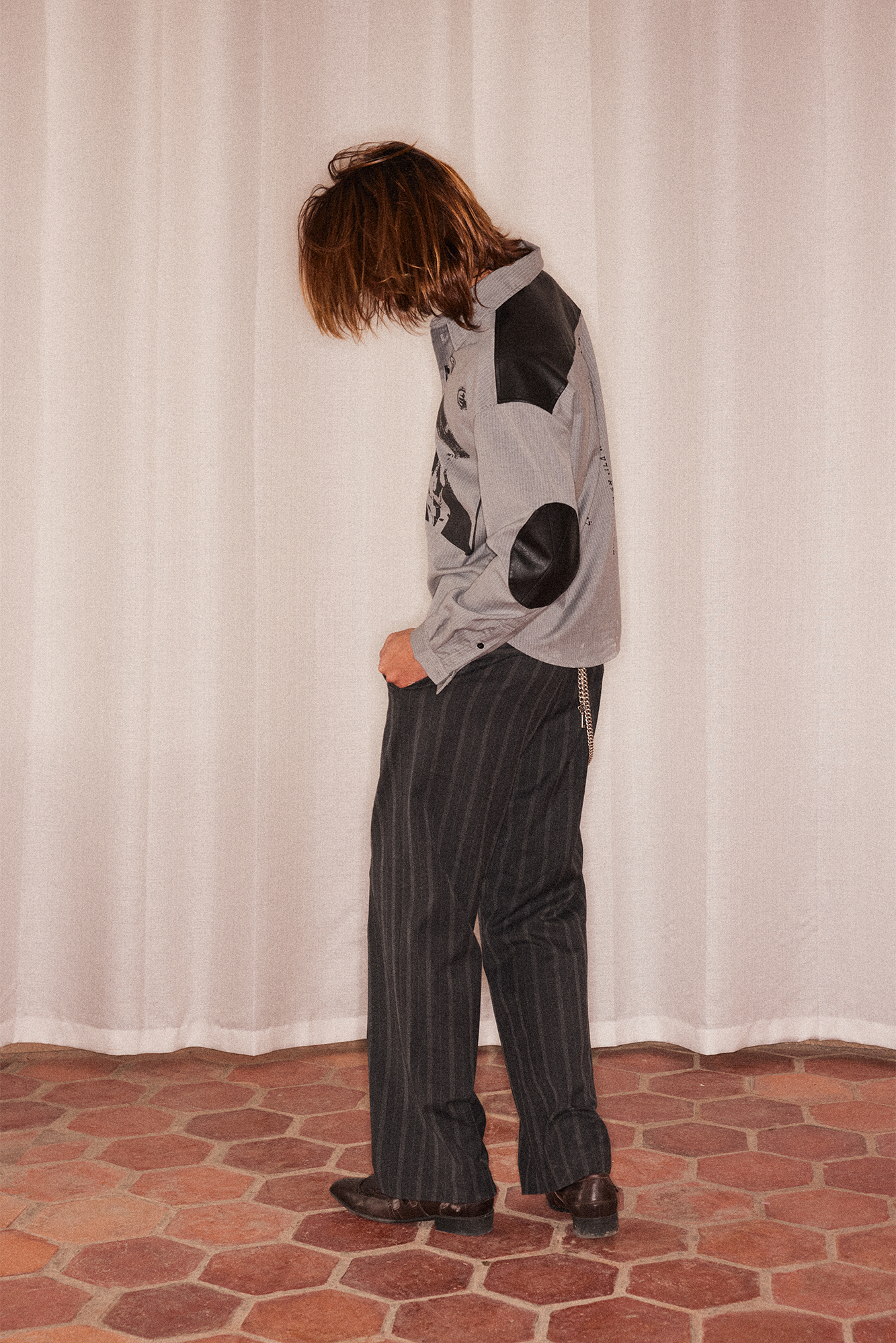 RICHILL Faux Leather Panel Portrait Graphic Stripe Shirt-Shirt-S-Free Shipping Leatheretro