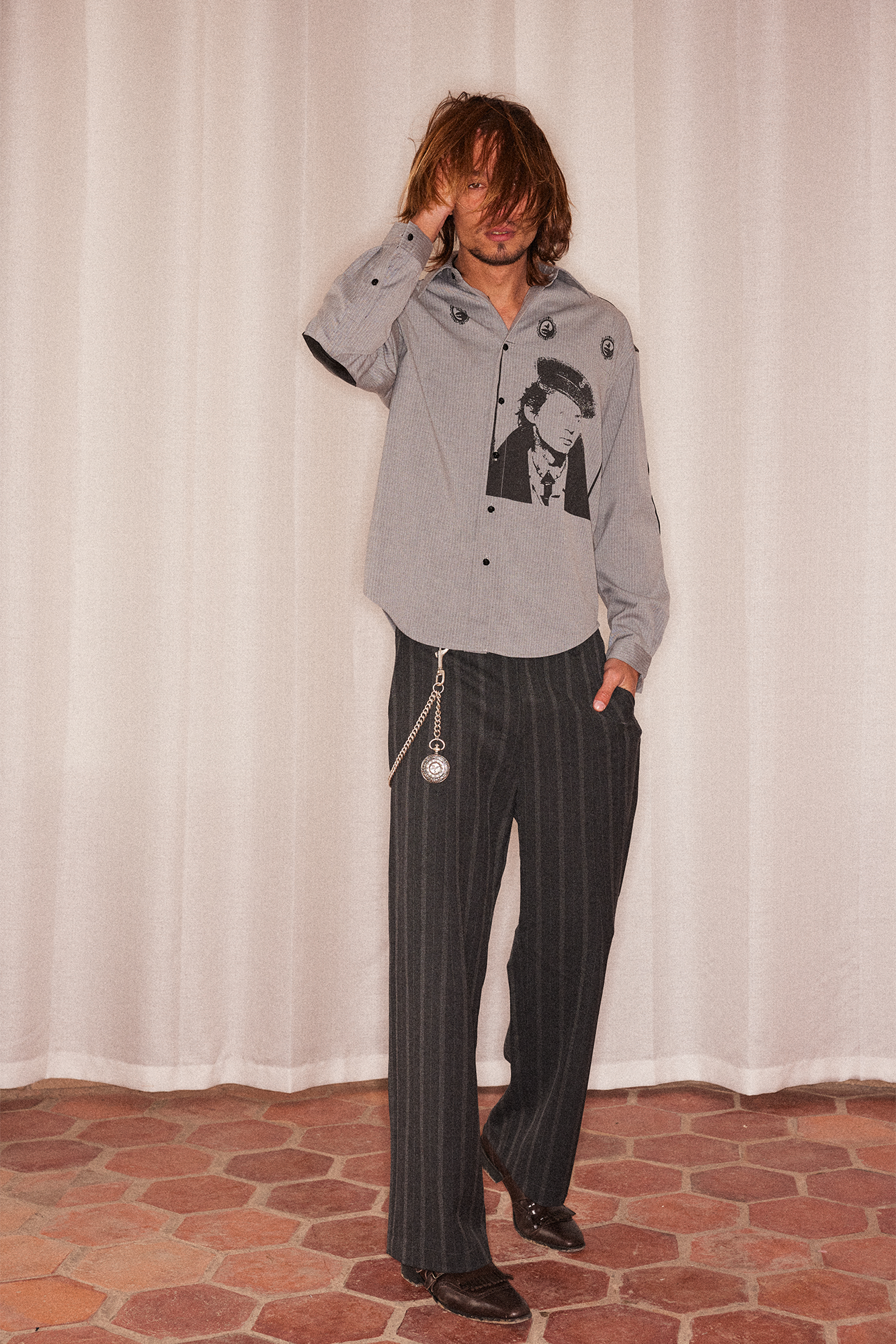 RICHILL Faux Leather Panel Portrait Graphic Stripe Shirt-Shirt-S-Free Shipping Leatheretro