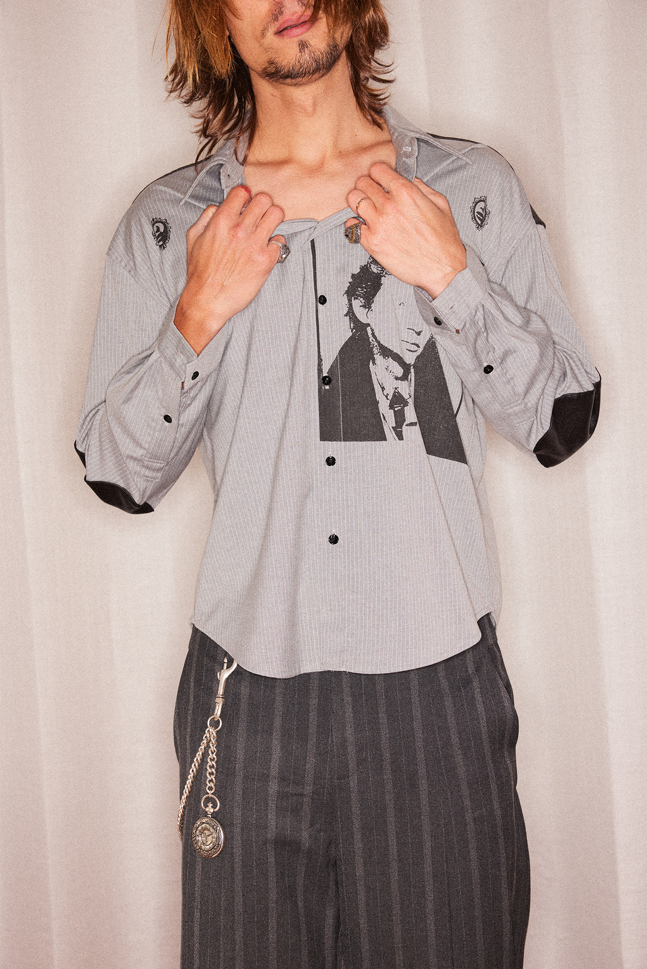RICHILL Faux Leather Panel Portrait Graphic Stripe Shirt-Shirt-S-Free Shipping Leatheretro