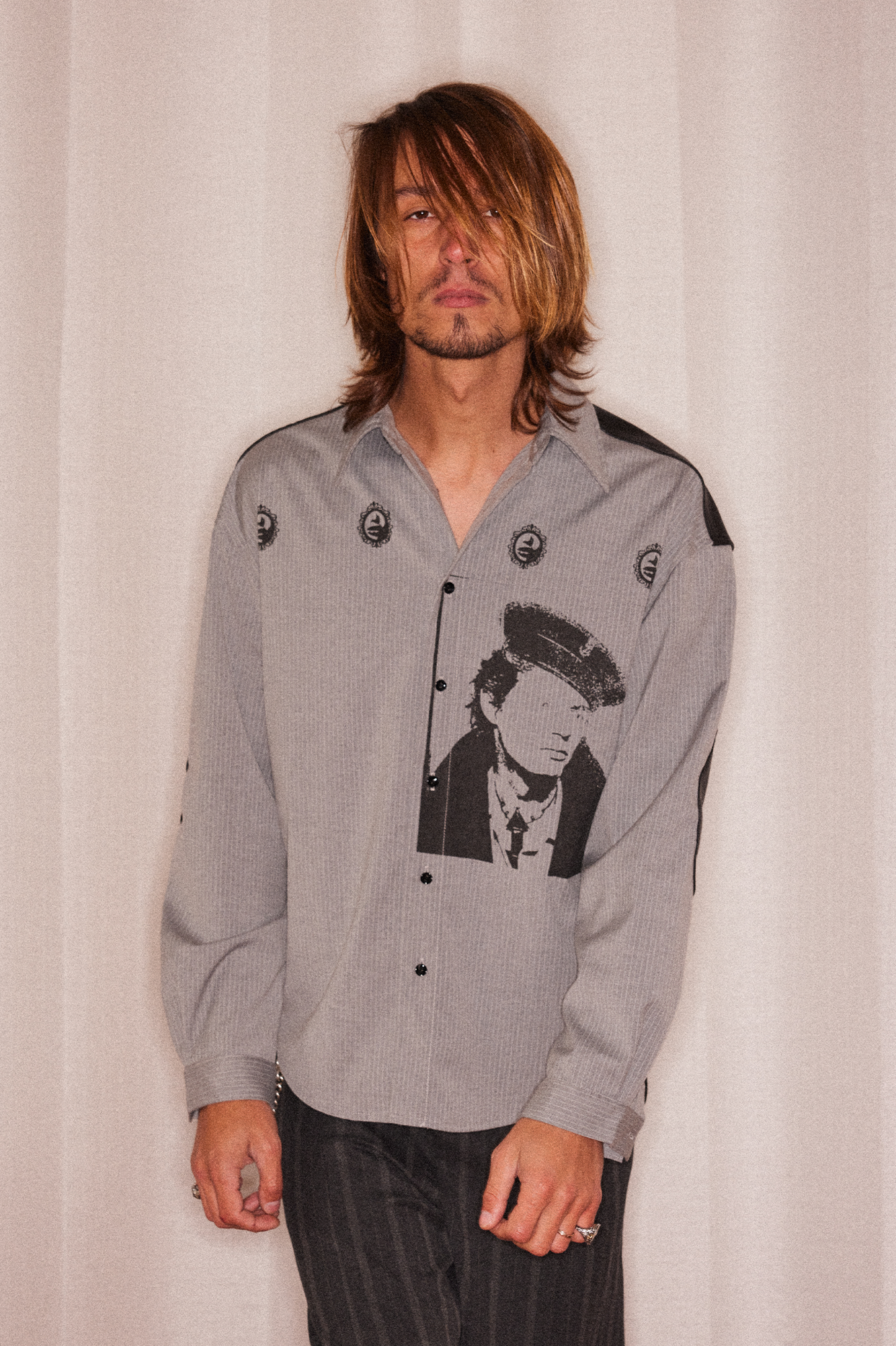 RICHILL Faux Leather Panel Portrait Graphic Stripe Shirt-Shirt-S-Free Shipping Leatheretro