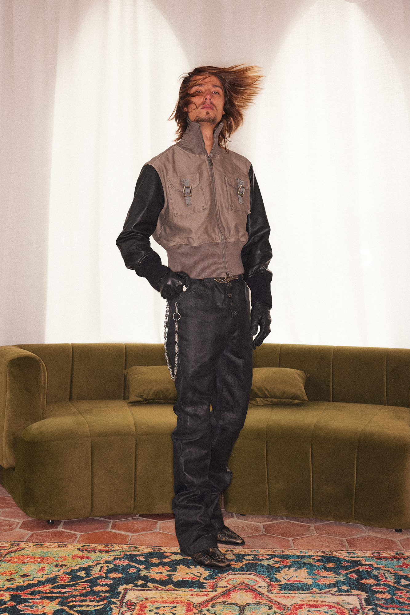 RICHILL Faux Leather Sleeve Rib-Knit Stand-Collar Jacket-Jacket-S-Free Shipping Leatheretro