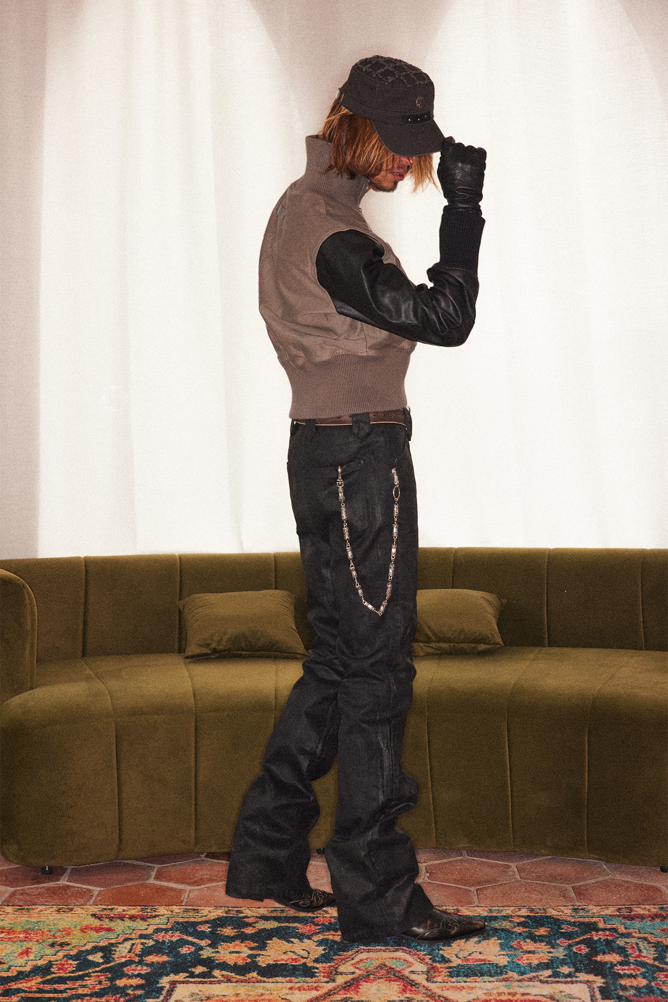 RICHILL Faux Leather Sleeve Rib-Knit Stand-Collar Jacket-Jacket-S-Free Shipping Leatheretro