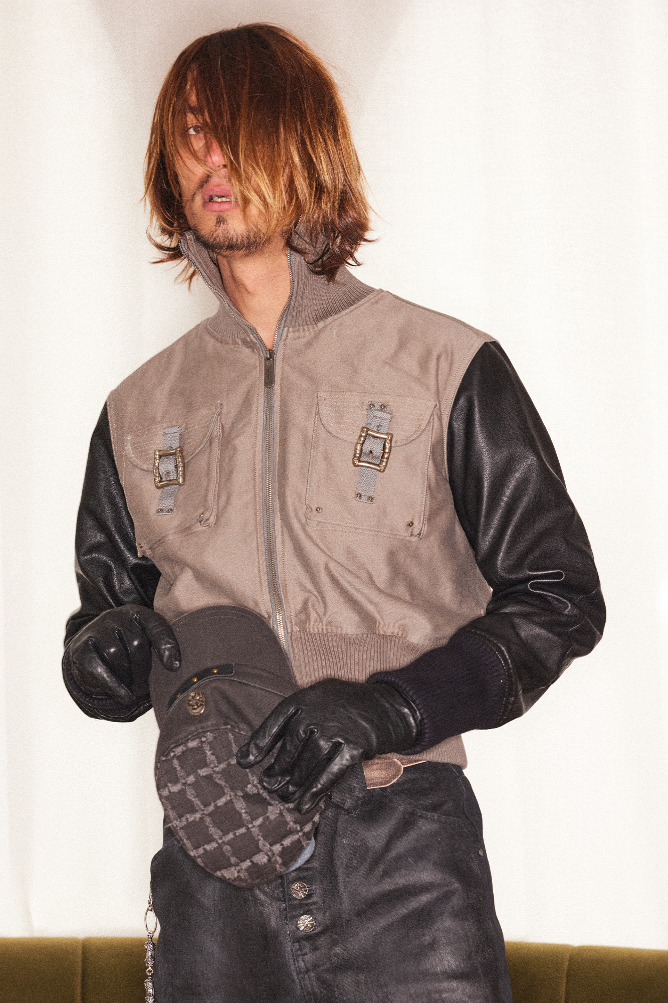 RICHILL Faux Leather Sleeve Rib-Knit Stand-Collar Jacket-Jacket-S-Free Shipping Leatheretro