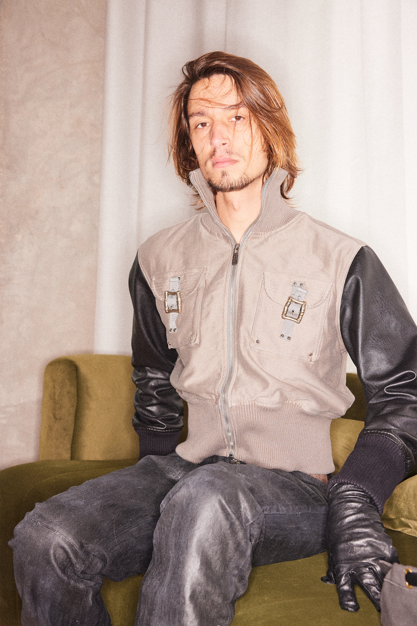 RICHILL Faux Leather Sleeve Rib-Knit Stand-Collar Jacket-Jacket-S-Free Shipping Leatheretro