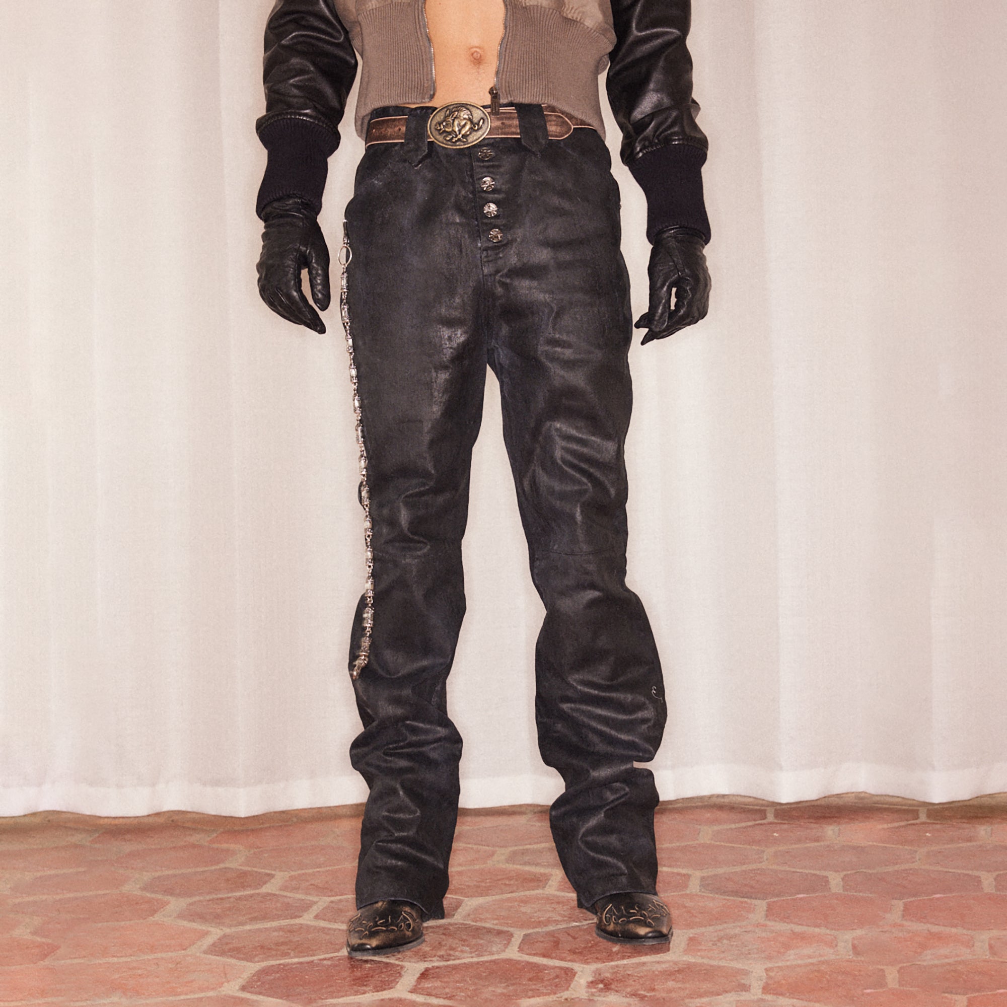 RICHILL Cracked Coated Flared Denim Pants-Pants-S-Free Shipping Leatheretro