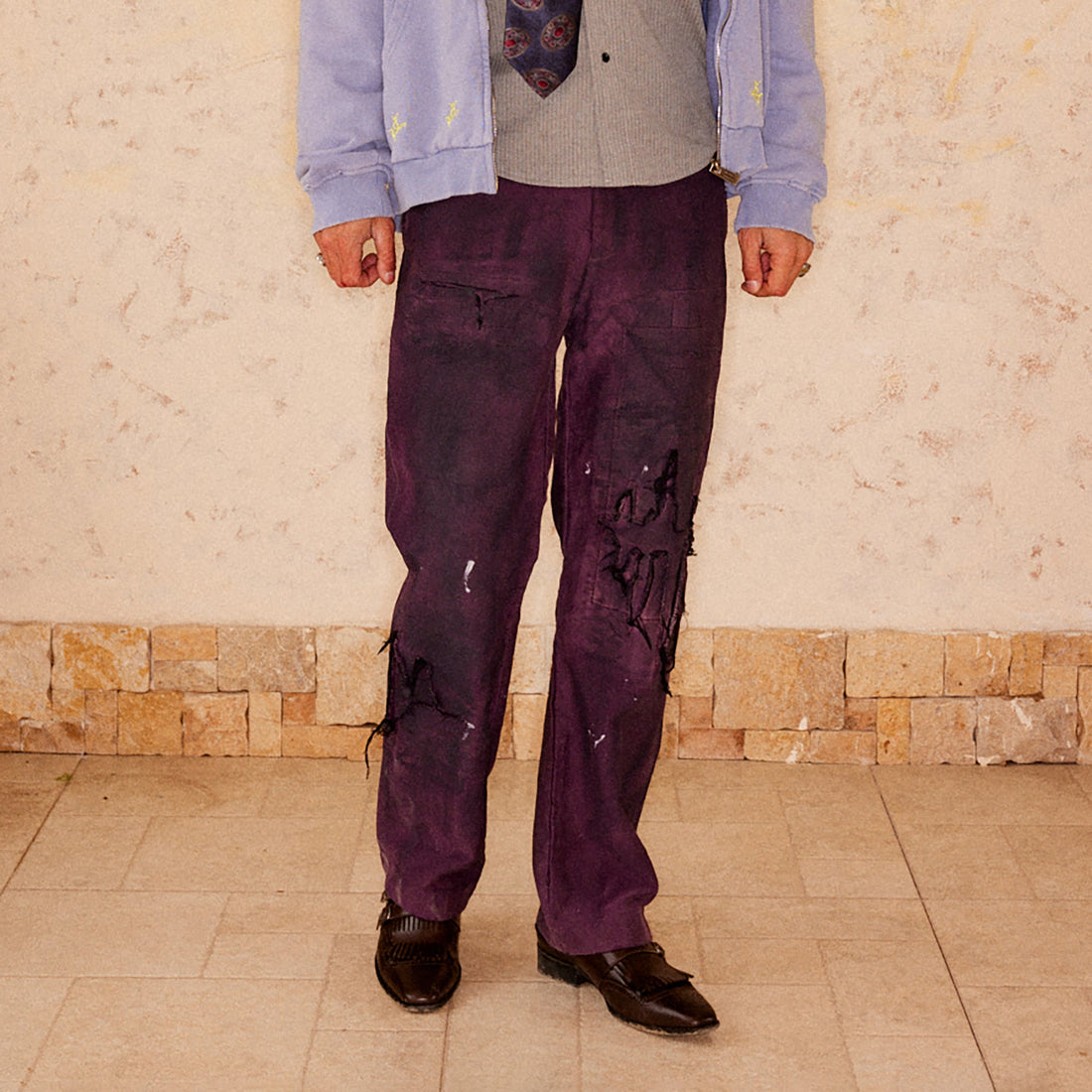 RICHILL Distressed Patchwork Moleskin Straight-Leg Pants-Pants-S-Free Shipping Leatheretro