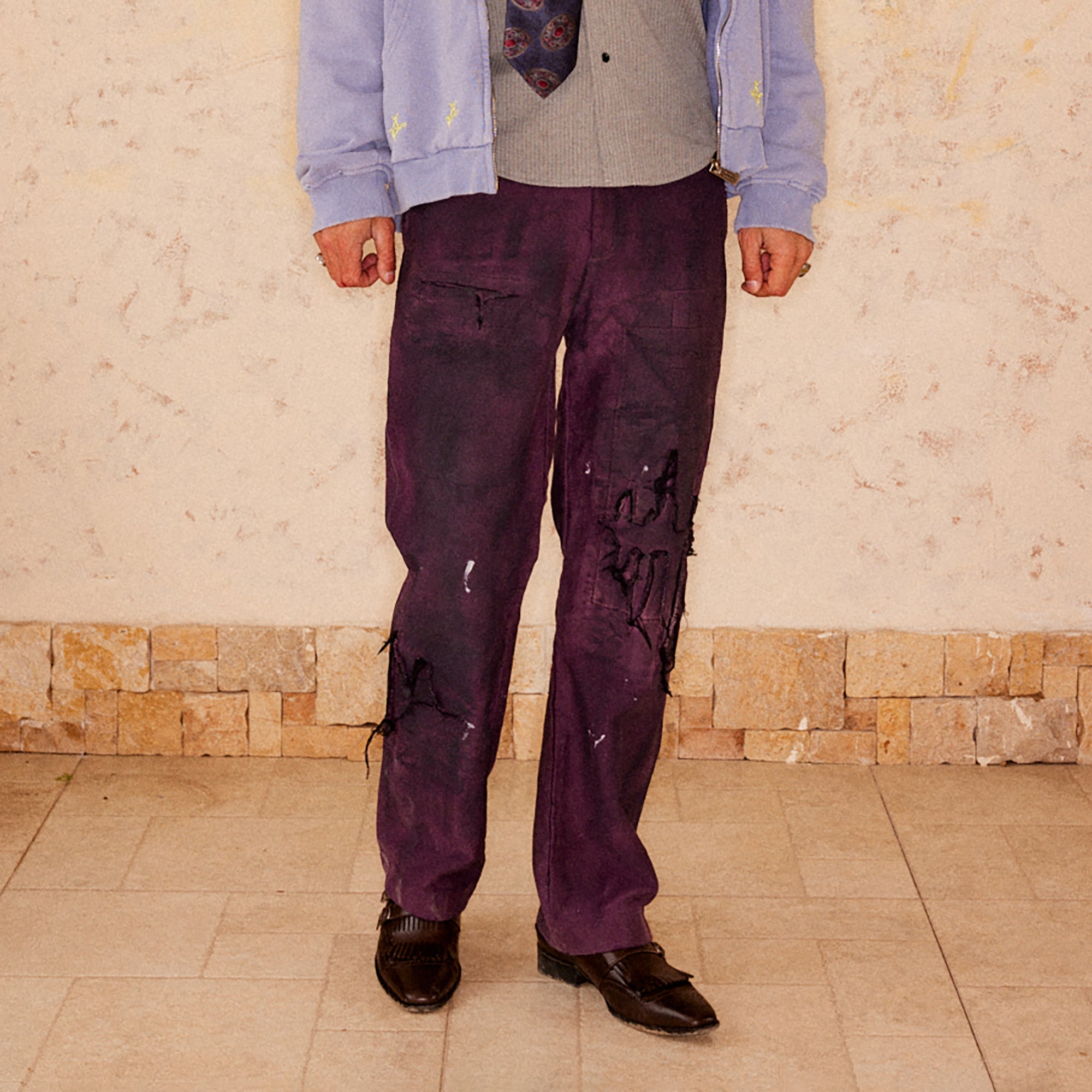 RICHILL Distressed Patchwork Moleskin Straight-Leg Pants-Pants-S-Free Shipping Leatheretro