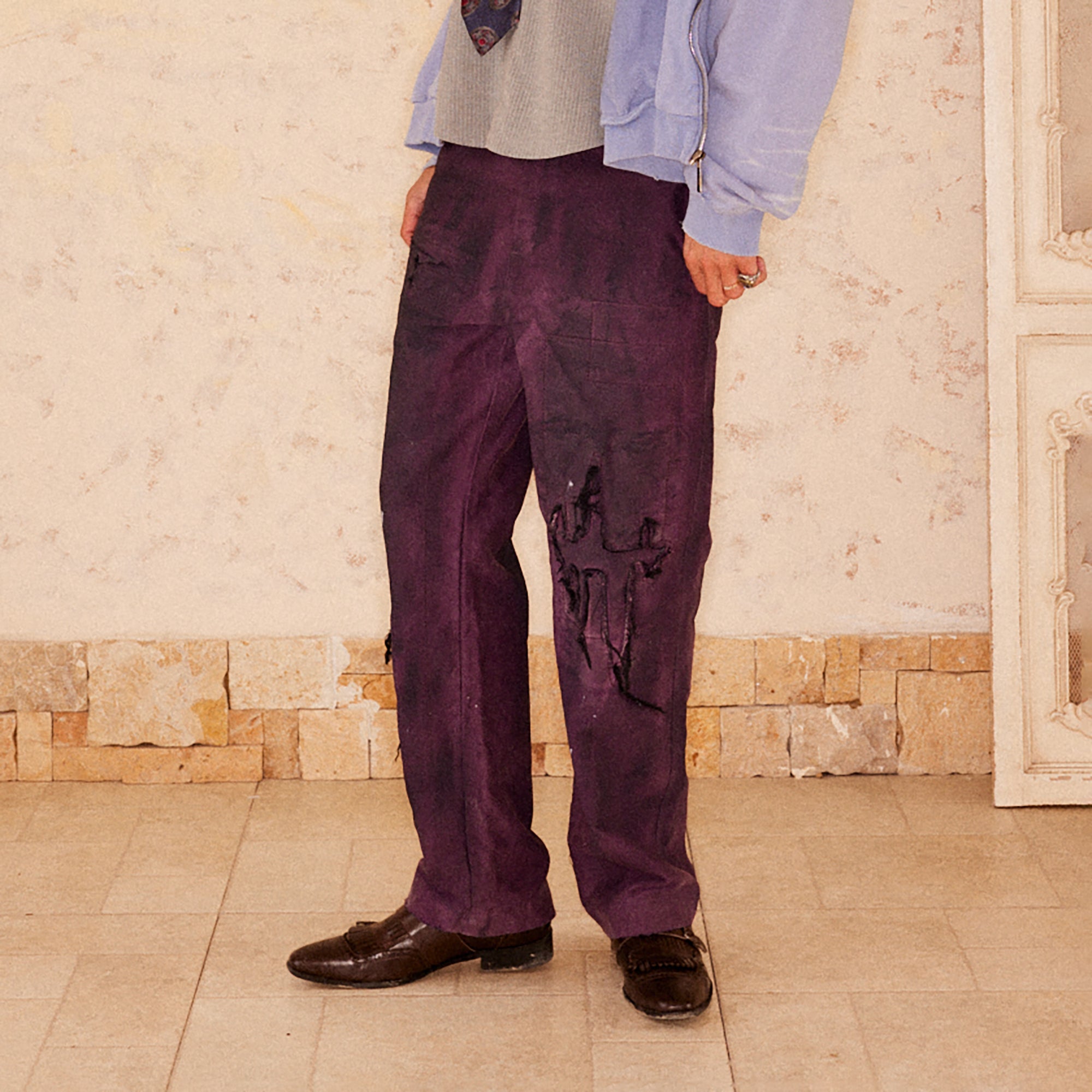 RICHILL Distressed Patchwork Moleskin Straight-Leg Pants-Pants-S-Free Shipping Leatheretro