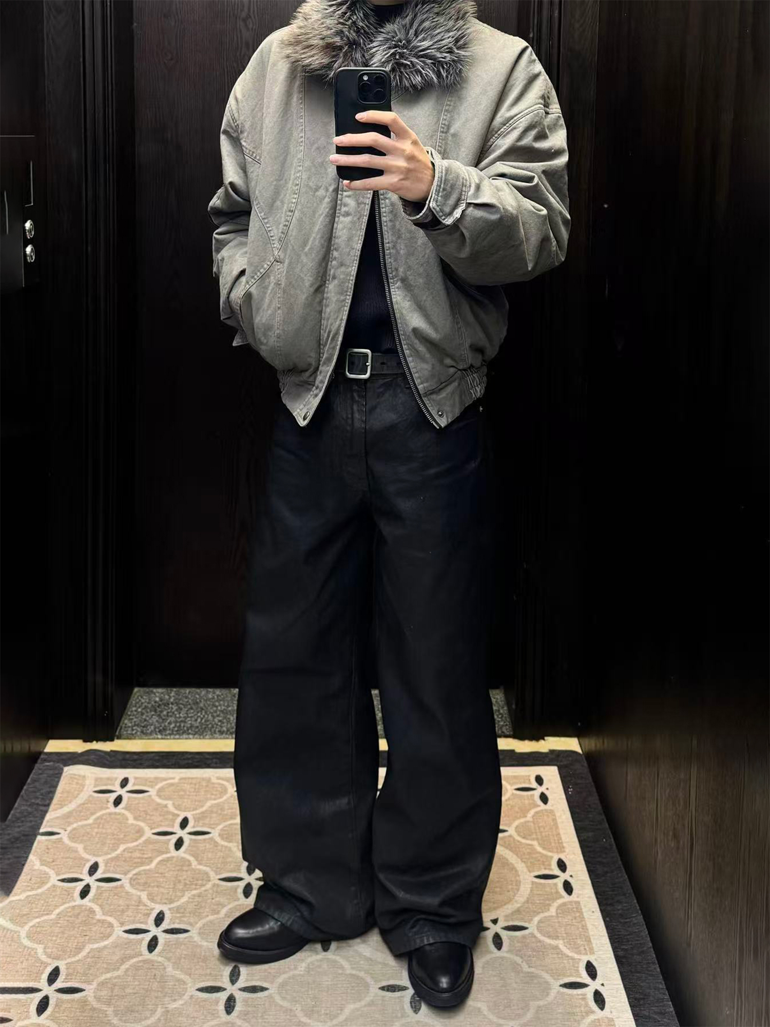 TRECLUB Faux-Fur Lining Washed Bomber Jacket-Jacket-S-Free Shipping Leatheretro