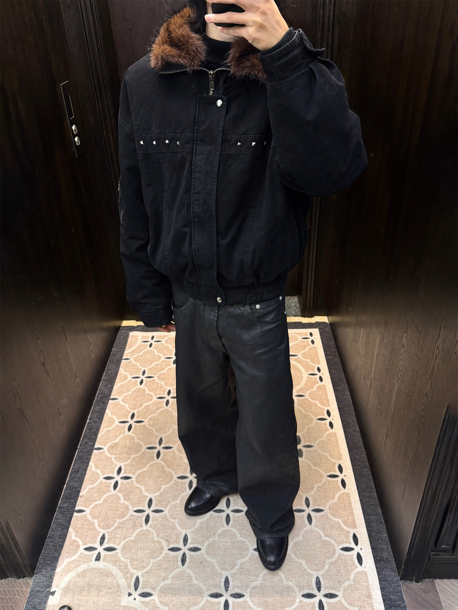 TRECLUB Studded Faux-Fur Collar Bomber Jacket-Jacket-S-Free Shipping Leatheretro