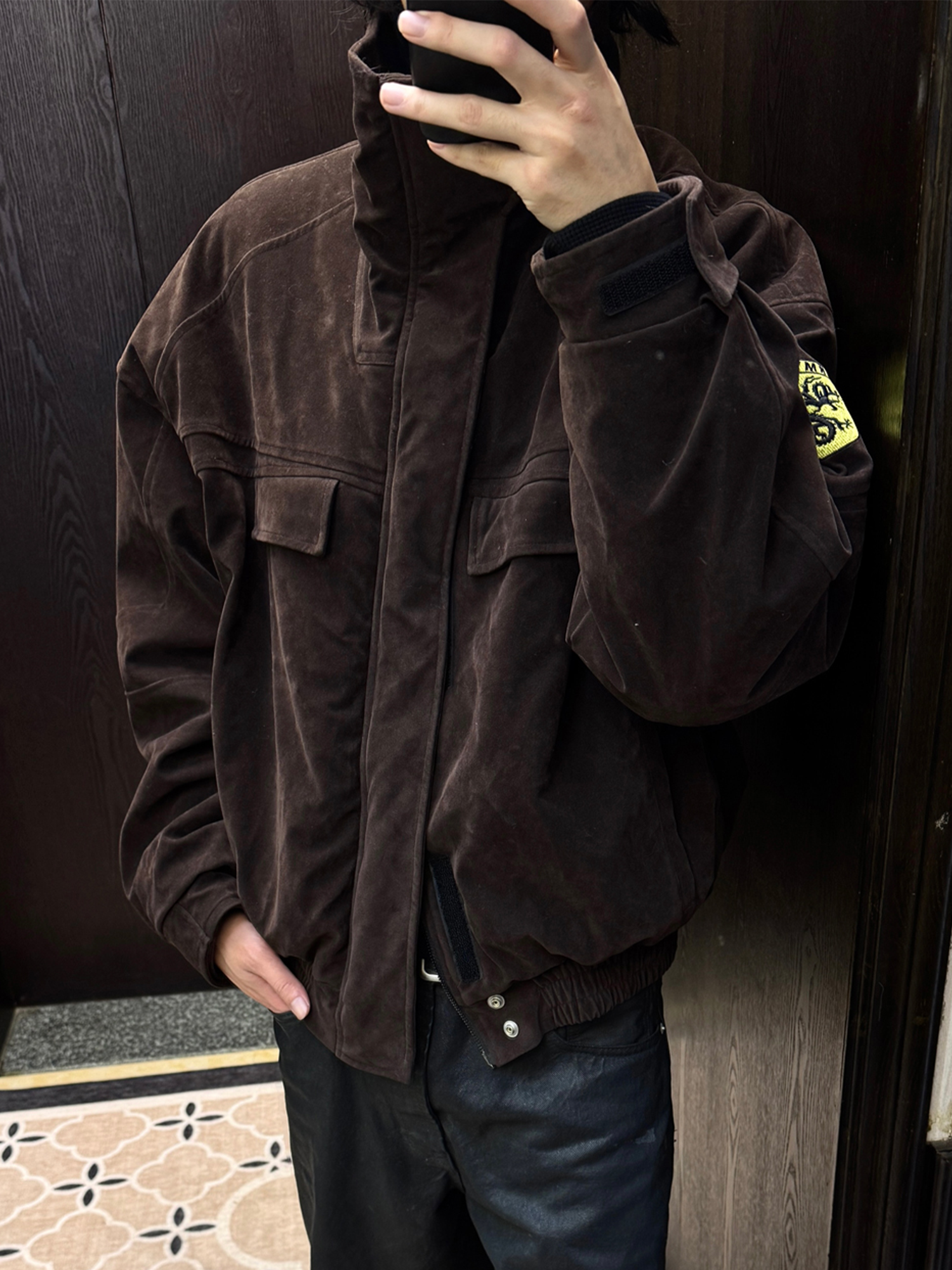 TRECLUB Faux Suede Utility Bomber Jacket-Jacket-S-Free Shipping Leatheretro