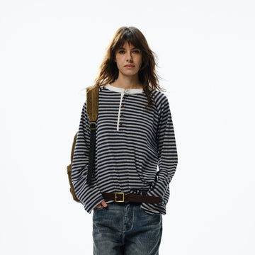 TRECLUB Retro Stripe Long-Sleeve Henley Tee-L/S Tee-S-Free Shipping Leatheretro