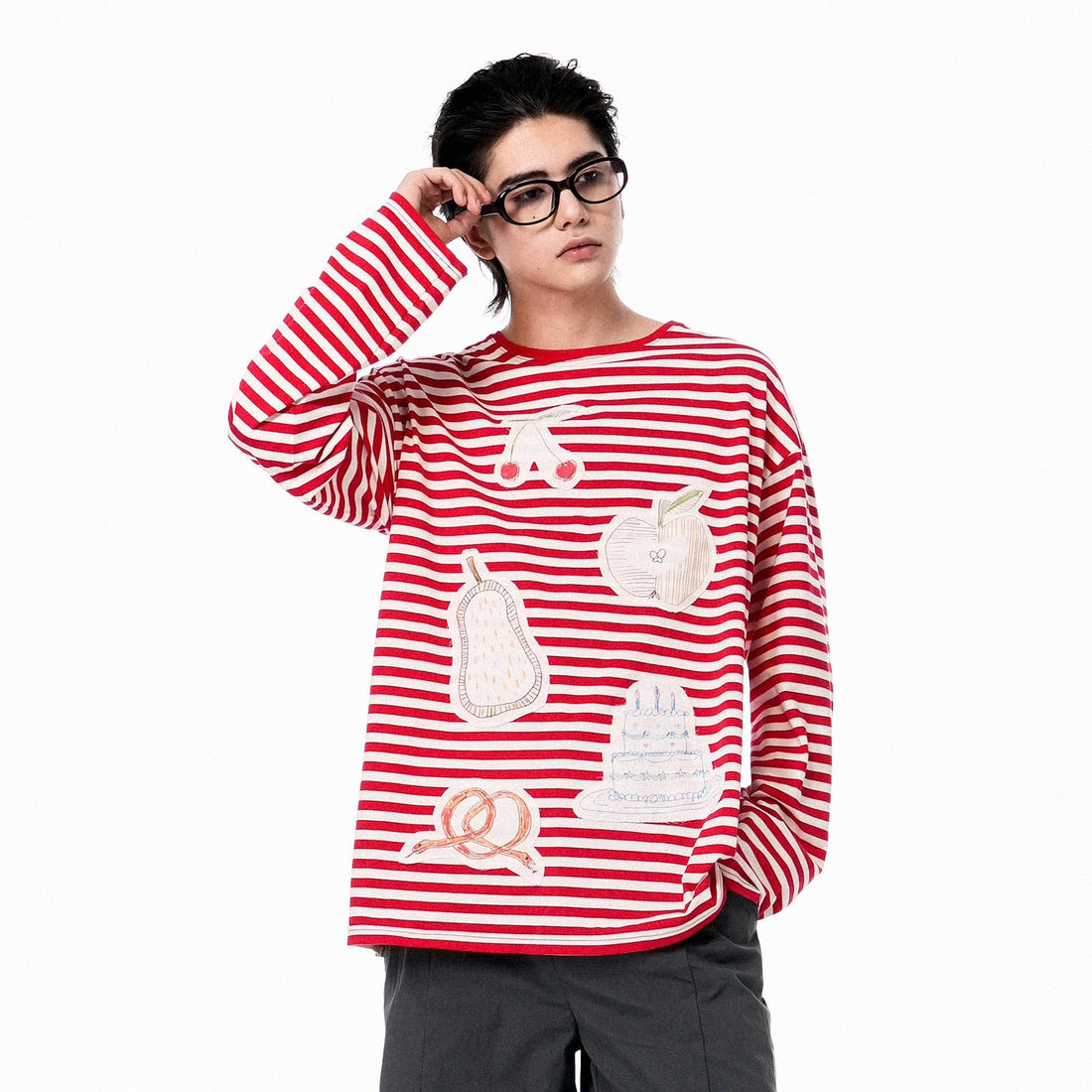 OIPWORD Snack Patchwork Striped Long-Sleeve Tee-L/S Tee-S-Blue-Free Shipping Leatheretro