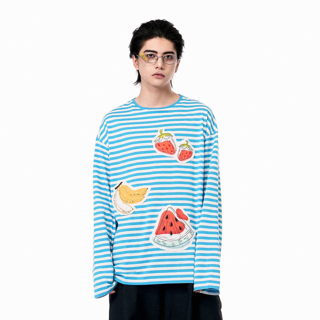 OIPWORD Snack Patchwork Striped Long-Sleeve Tee-L/S Tee-S-Blue-Free Shipping Leatheretro