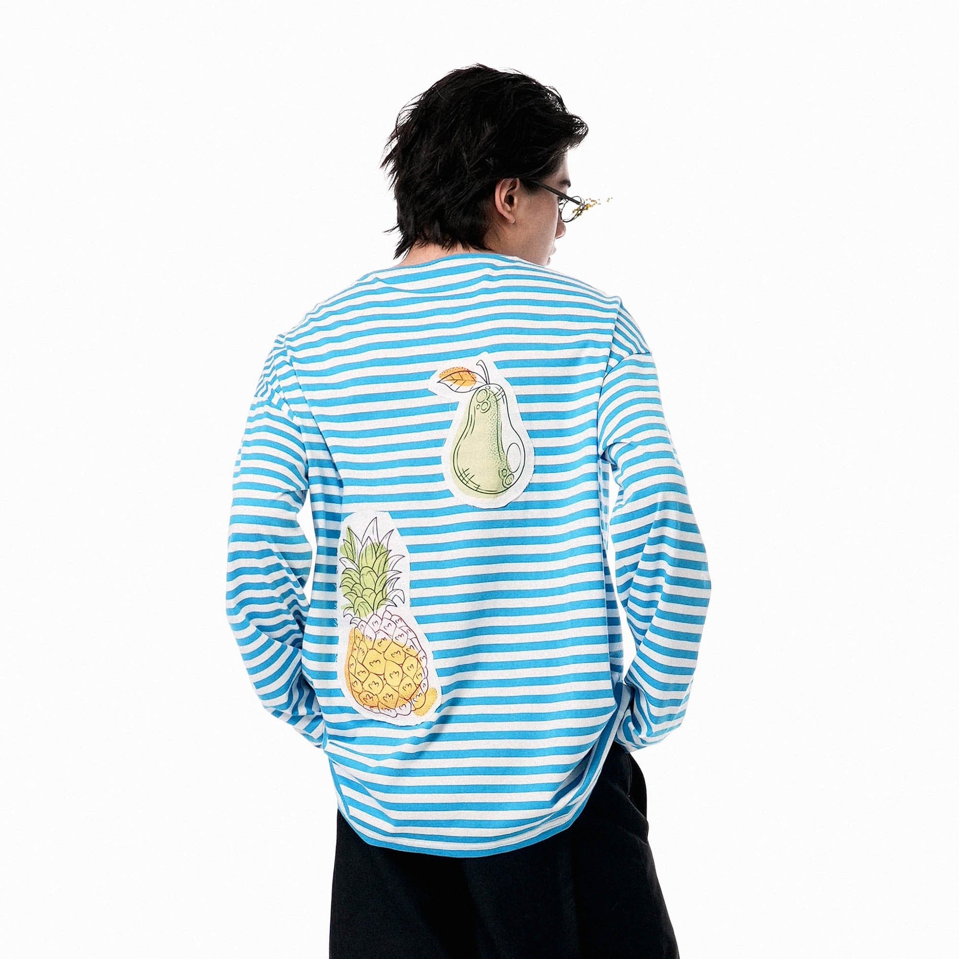 OIPWORD Snack Patchwork Striped Long-Sleeve Tee-L/S Tee-S-Blue-Free Shipping Leatheretro