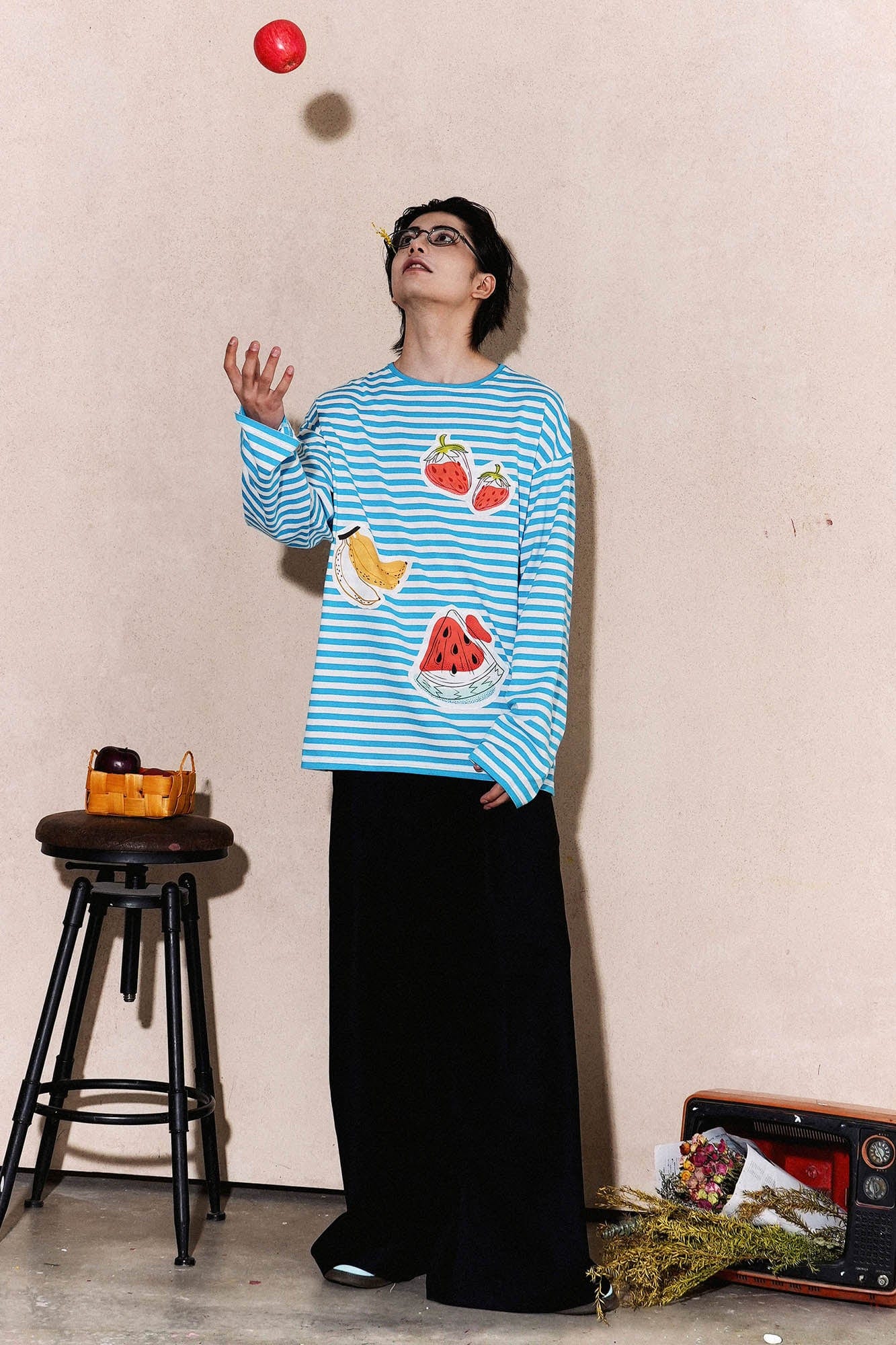 OIPWORD Snack Patchwork Striped Long-Sleeve Tee-L/S Tee-S-Blue-Free Shipping Leatheretro
