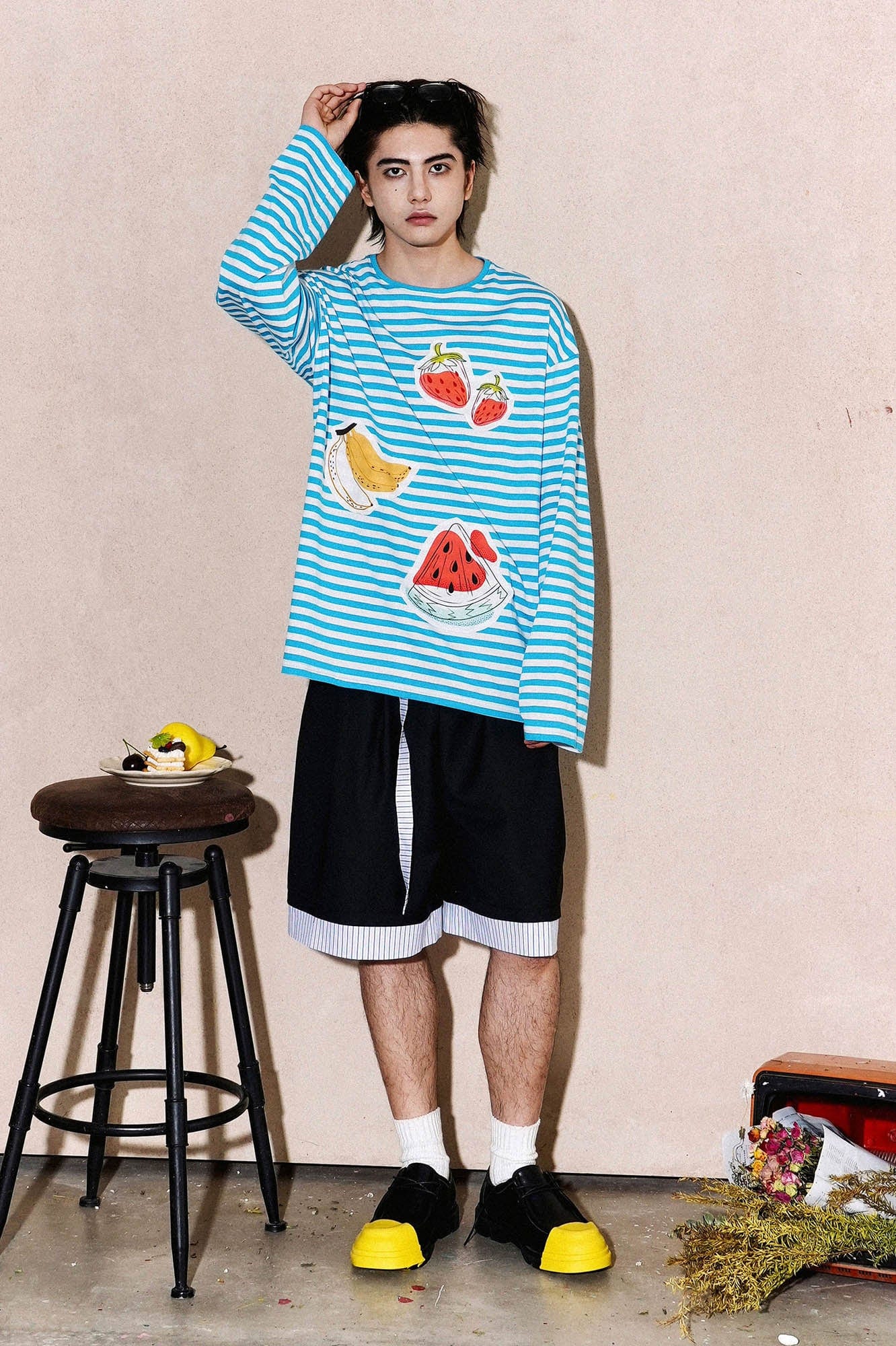 OIPWORD Snack Patchwork Striped Long-Sleeve Tee-L/S Tee-S-Blue-Free Shipping Leatheretro