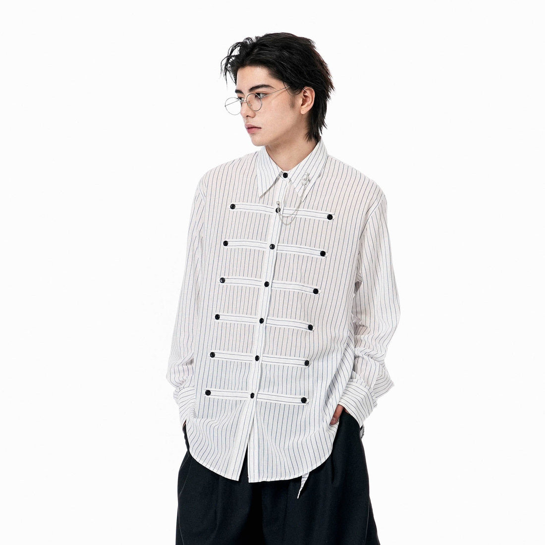 OIPWORD Courtly Multi-Strap Pinstriped Shirt-Shirt-S-Free Shipping Leatheretro