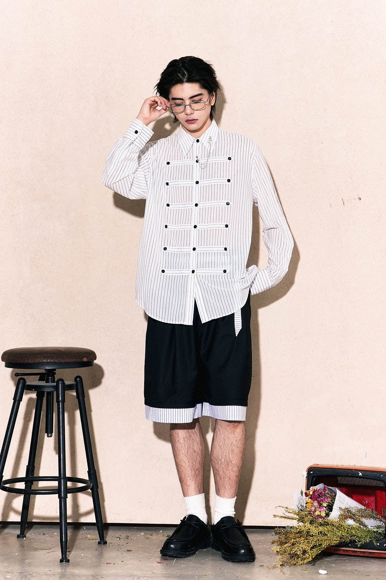 OIPWORD Courtly Multi-Strap Pinstriped Shirt-Shirt-S-Free Shipping Leatheretro