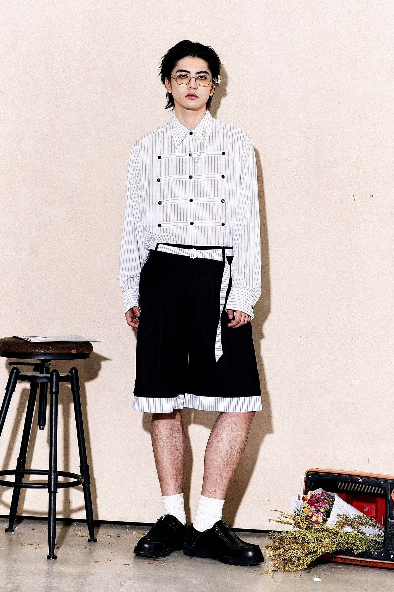 OIPWORD Panelled Stripe Hem Shorts-Shorts-S-Free Shipping Leatheretro