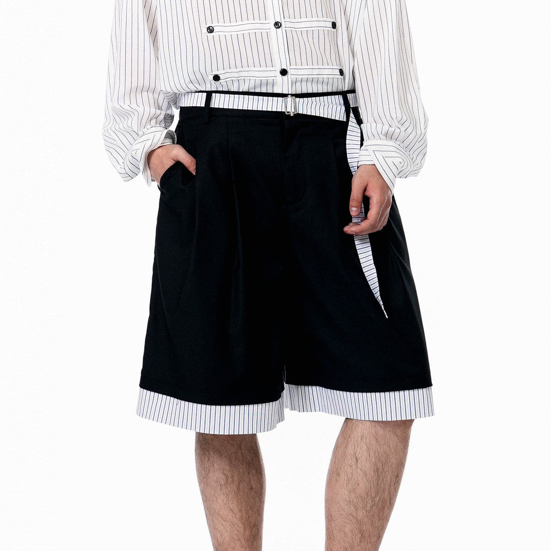 OIPWORD Panelled Stripe Hem Shorts-Shorts-S-Free Shipping Leatheretro