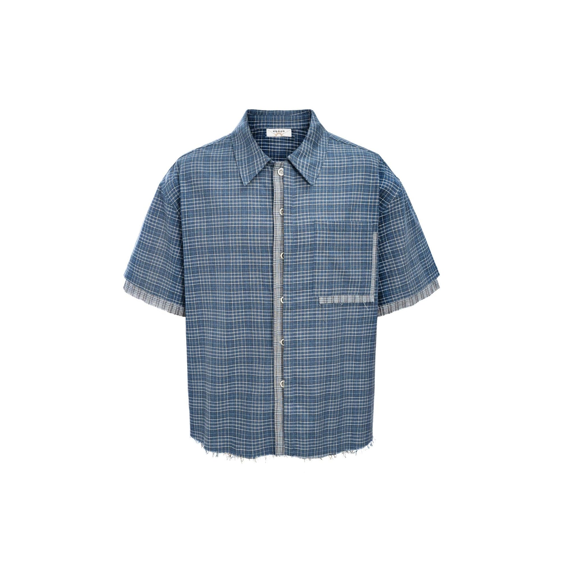 ESAIAS Plaid Layered Raw-Edge Half Shirt Blue-Half shirt-S-Free Shipping Leatheretro