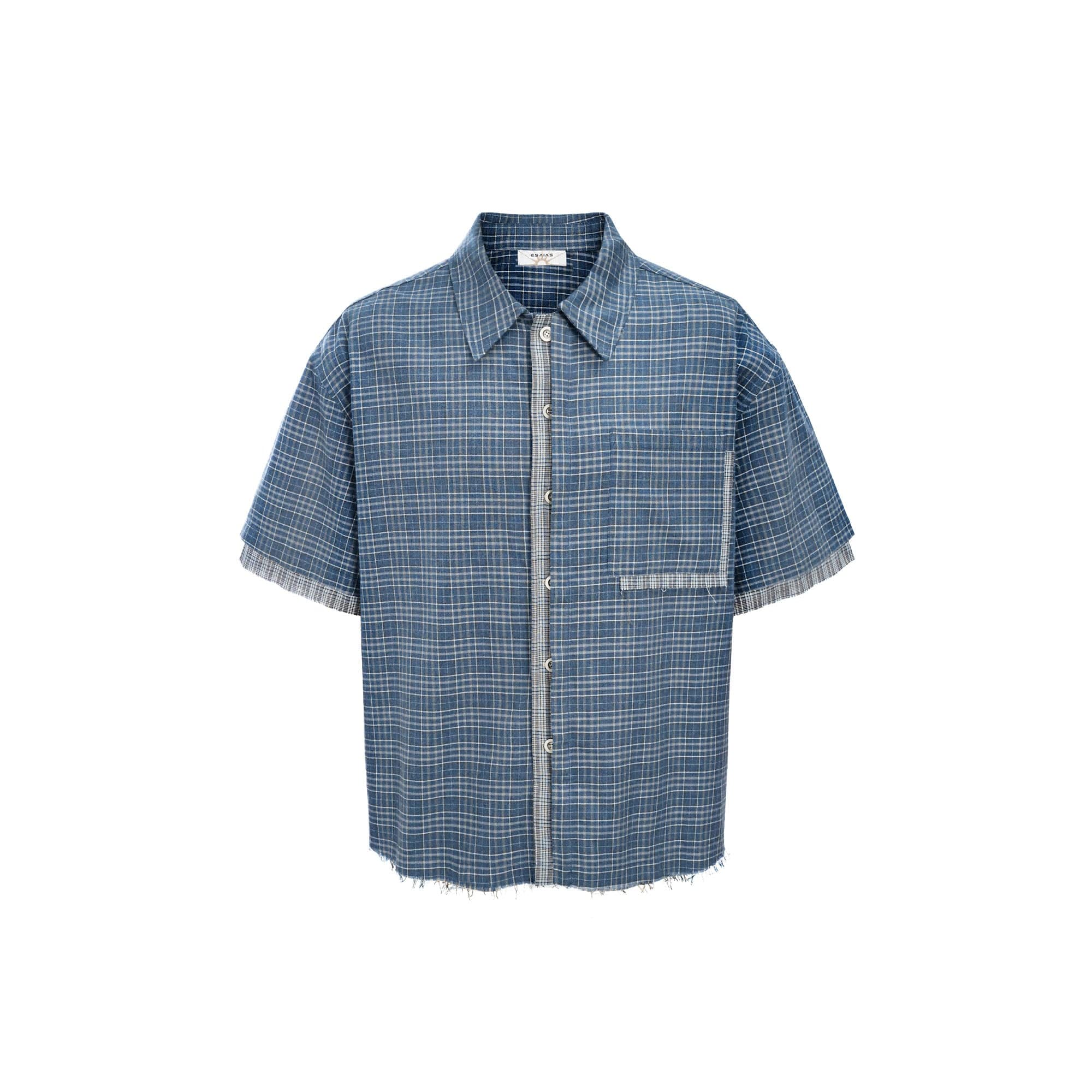 ESAIAS Plaid Layered Raw-Edge Half Shirt Blue-Half shirt-S-Free Shipping Leatheretro