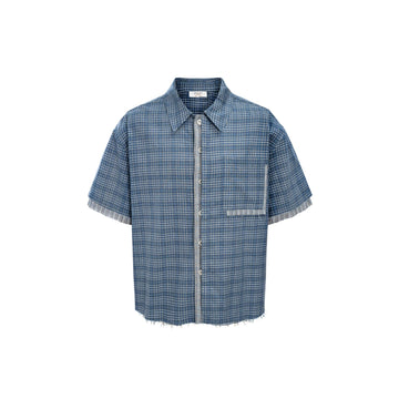 ESAIAS Plaid Layered Raw-Edge Half Shirt Blue-Half shirt-S-Free Shipping Leatheretro