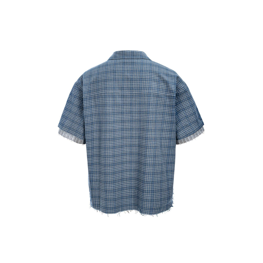 ESAIAS Plaid Layered Raw-Edge Half Shirt Blue-Half shirt-S-Free Shipping Leatheretro