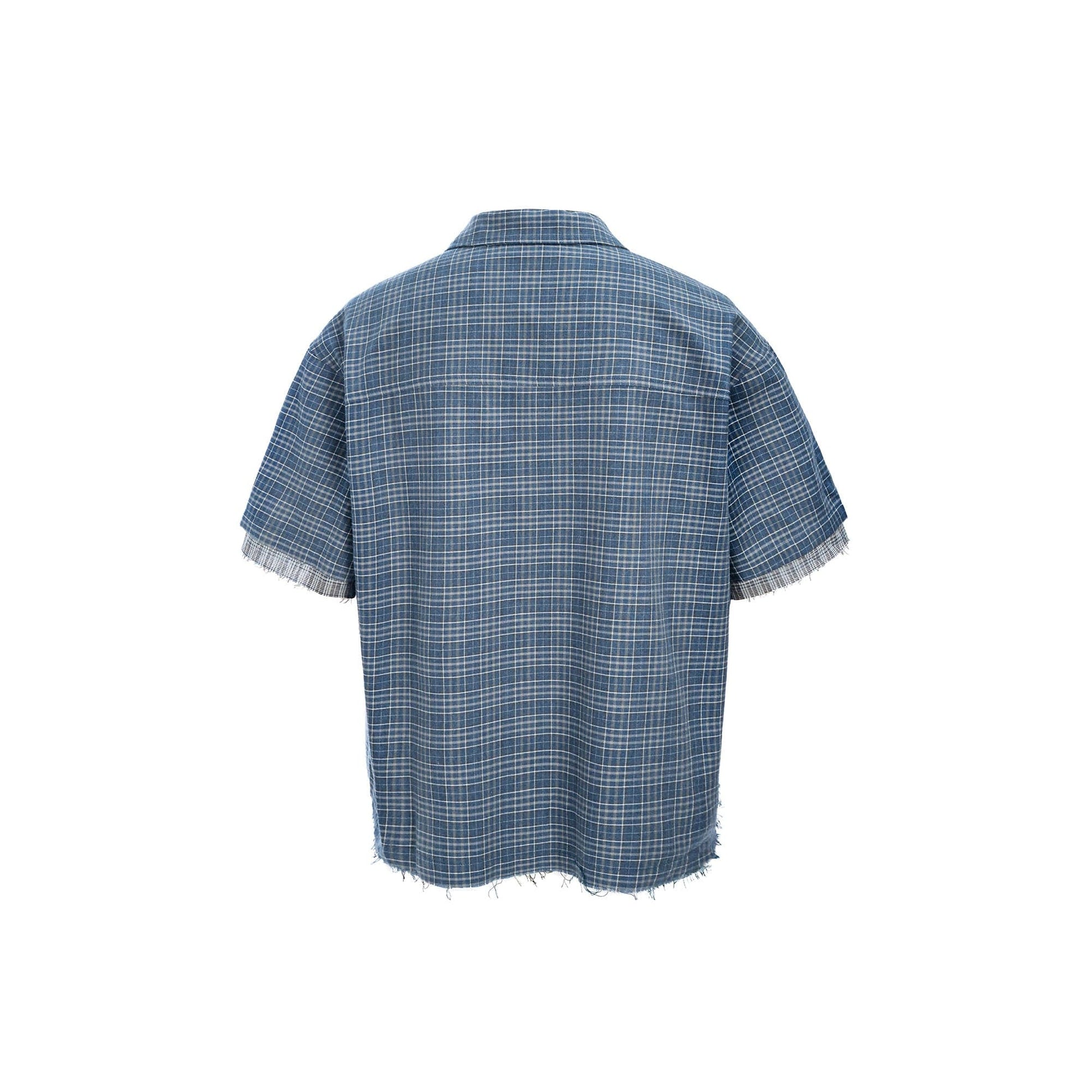 ESAIAS Plaid Layered Raw-Edge Half Shirt Blue-Half shirt-S-Free Shipping Leatheretro