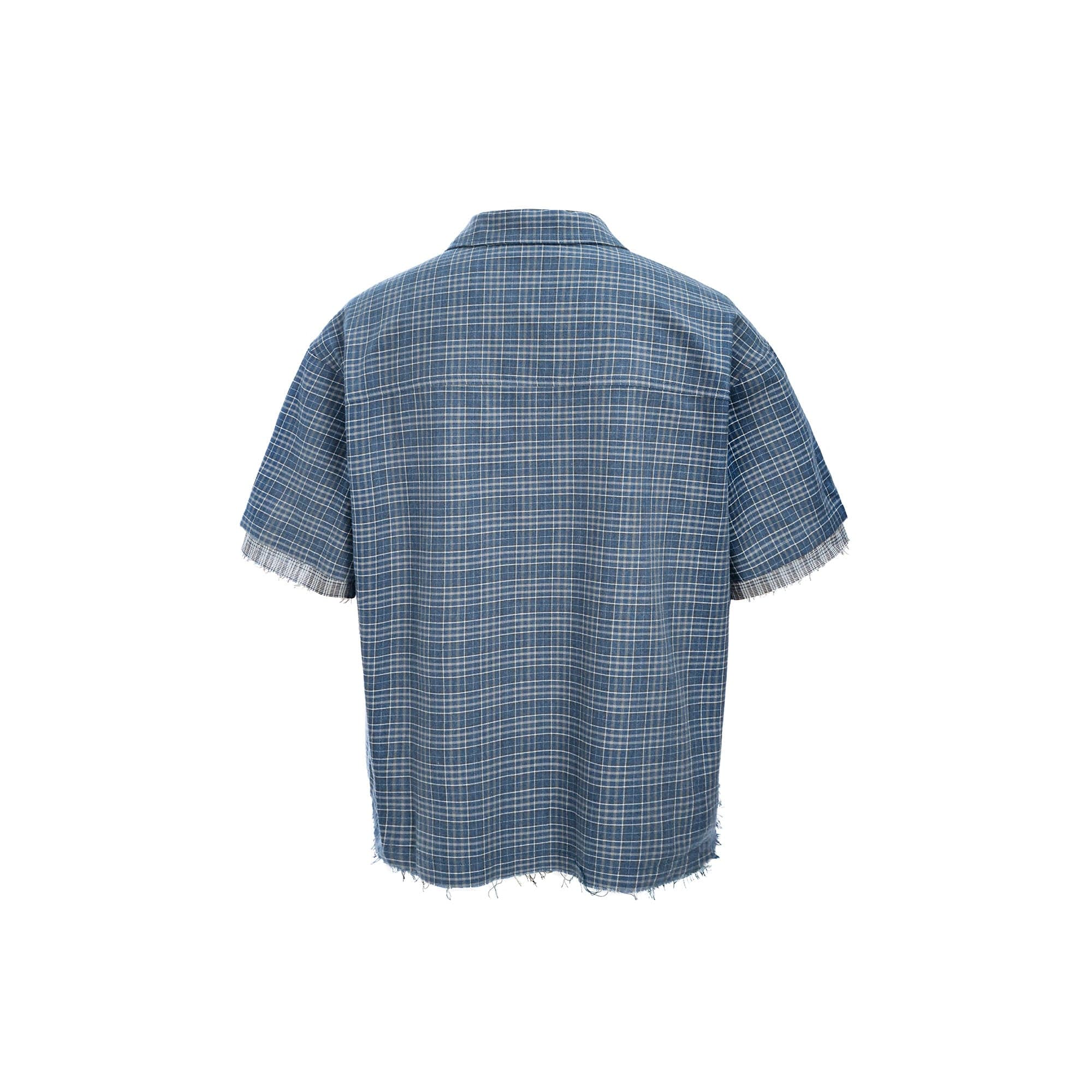 ESAIAS Plaid Layered Raw-Edge Half Shirt Blue-Half shirt-S-Free Shipping Leatheretro