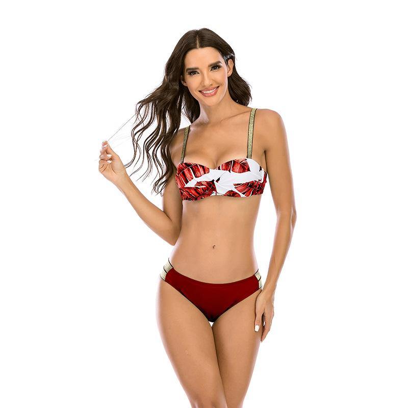 Sexy Women Gold Belt Summer Beach Bikini-Women Swimwear-Red Leaf-S-Free Shipping Leatheretro