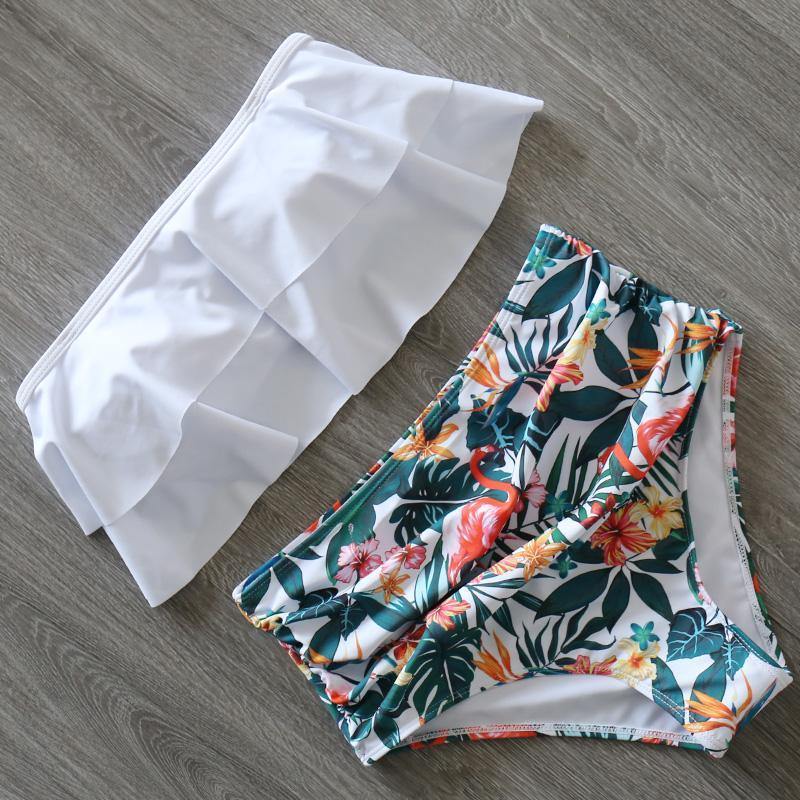 Ruffled Print High Rise Triangle Bikinis-Women Swimwear-S-White-Free Shipping Leatheretro