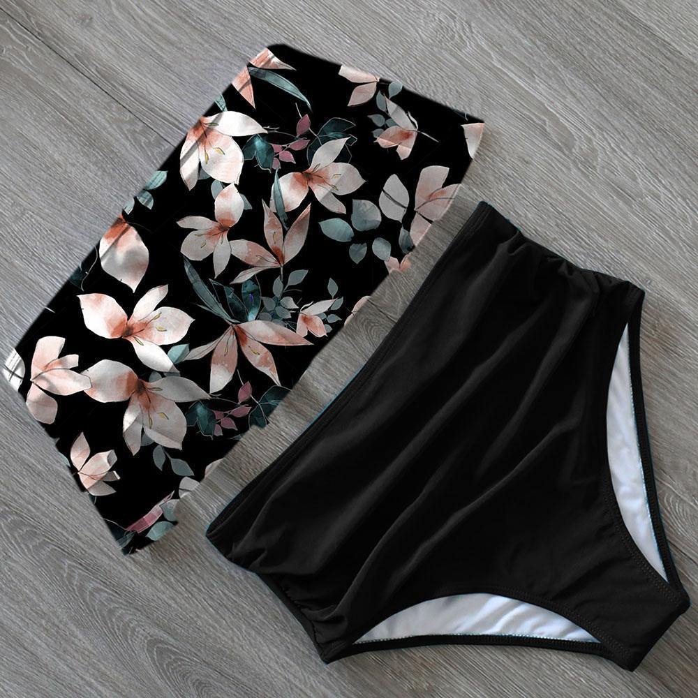 Ruffled Print High Rise Triangle Bikinis-Women Swimwear-S-Print-Free Shipping Leatheretro