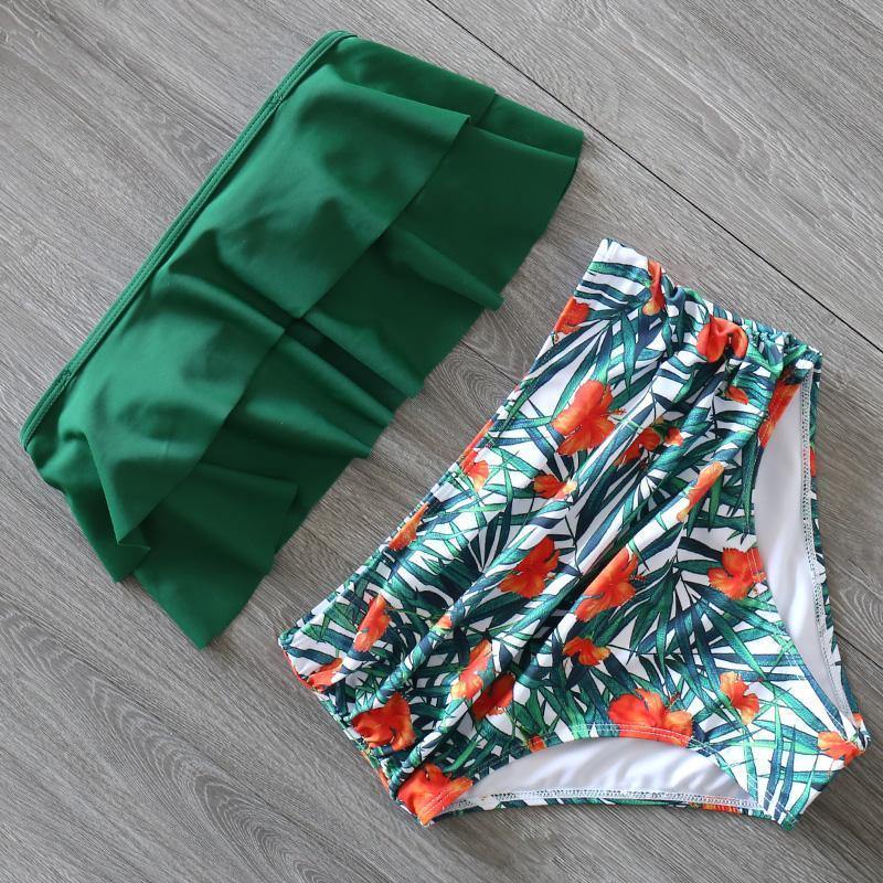 Ruffled Print High Rise Triangle Bikinis-Women Swimwear-S-Green1#-Free Shipping Leatheretro