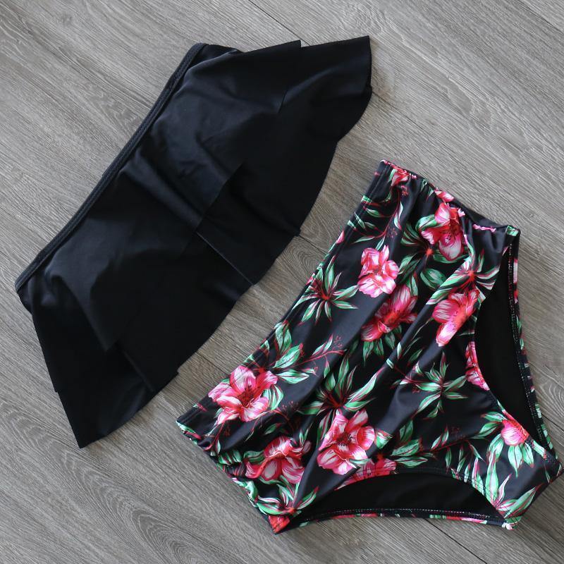 Ruffled Print High Rise Triangle Bikinis-Women Swimwear-S-Black-Free Shipping Leatheretro