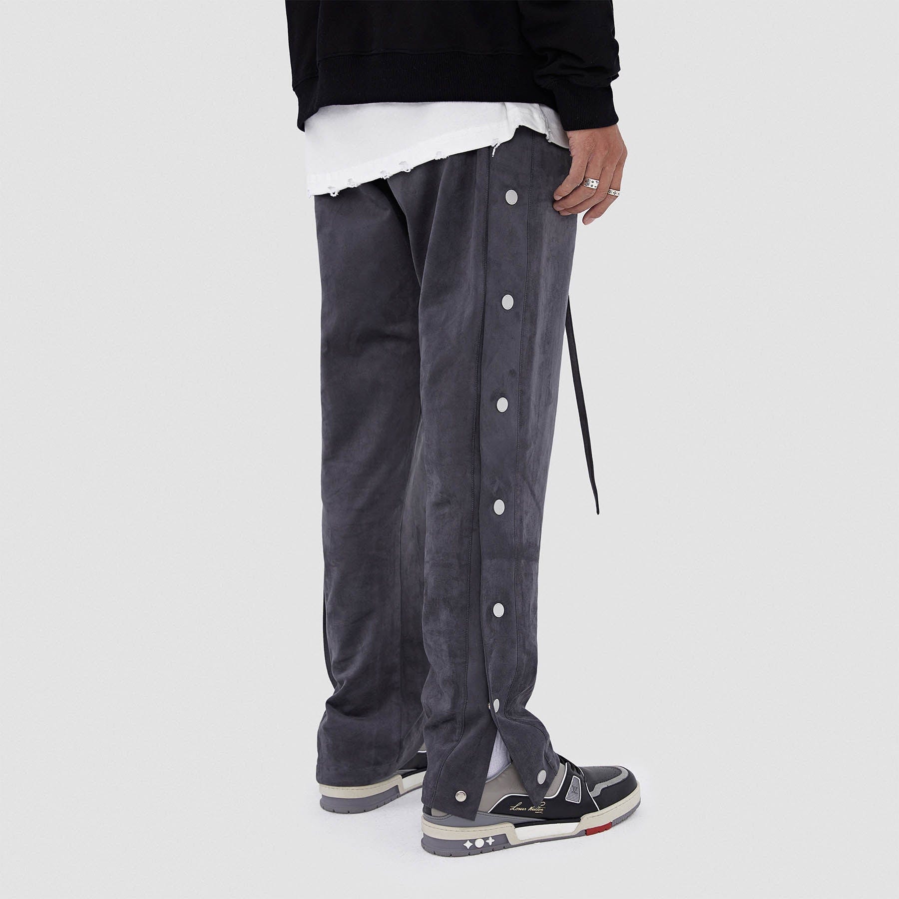 BONELESS Suede Textured Buttoned Pants-Pants-S-Light Grey-Free Shipping Leatheretro